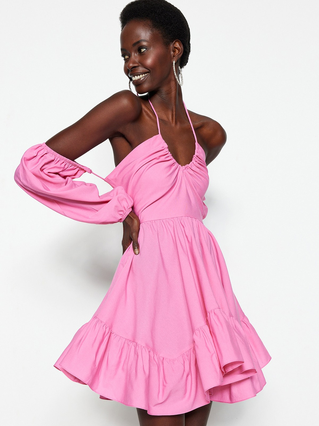 

Trendyol Puff Sleeve Fit & Flare Dress, Pink