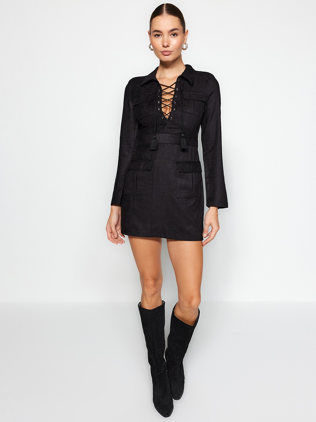 

Trendyol Shirt Collar A-Line Mini Dress, Black