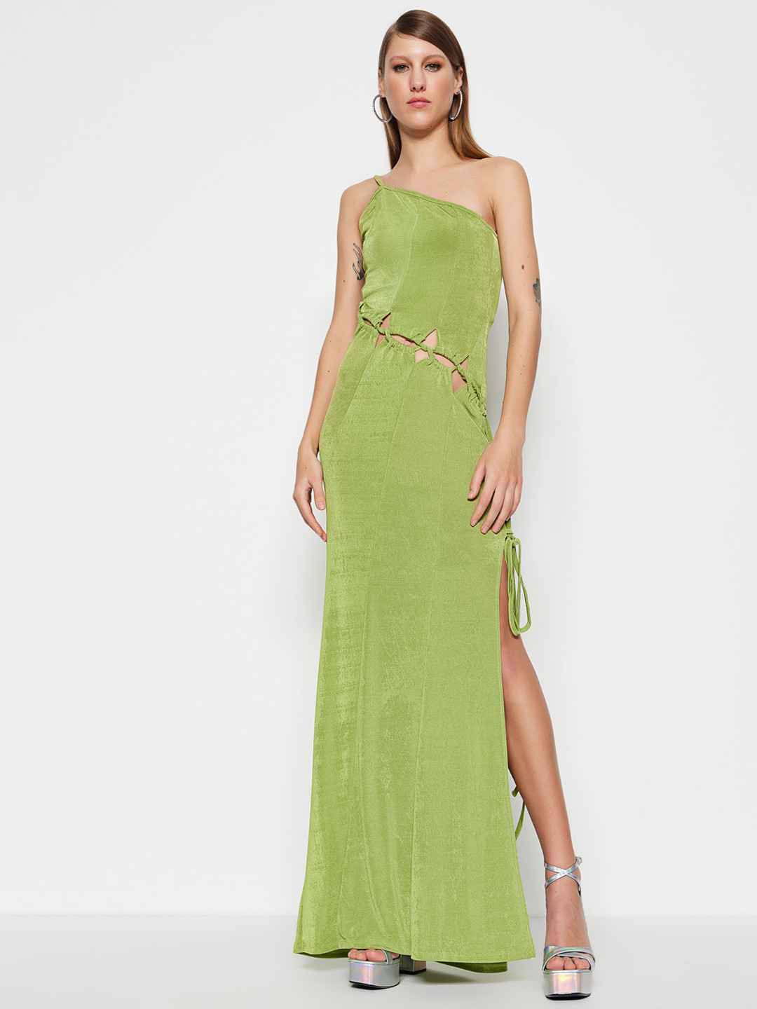 

Trendyol One Shoulder Sleeveless Tie-Ups Maxi Party Slip Dress, Na