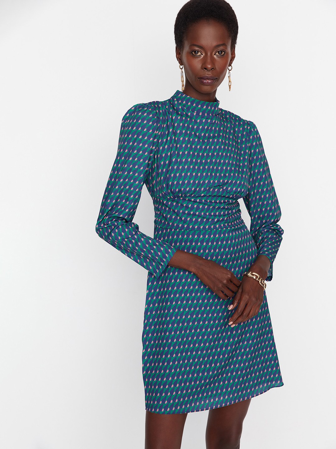 

Trendyol Polka Dot Print Long Sleeves Mock Neck Fit & Flare Dress, Na