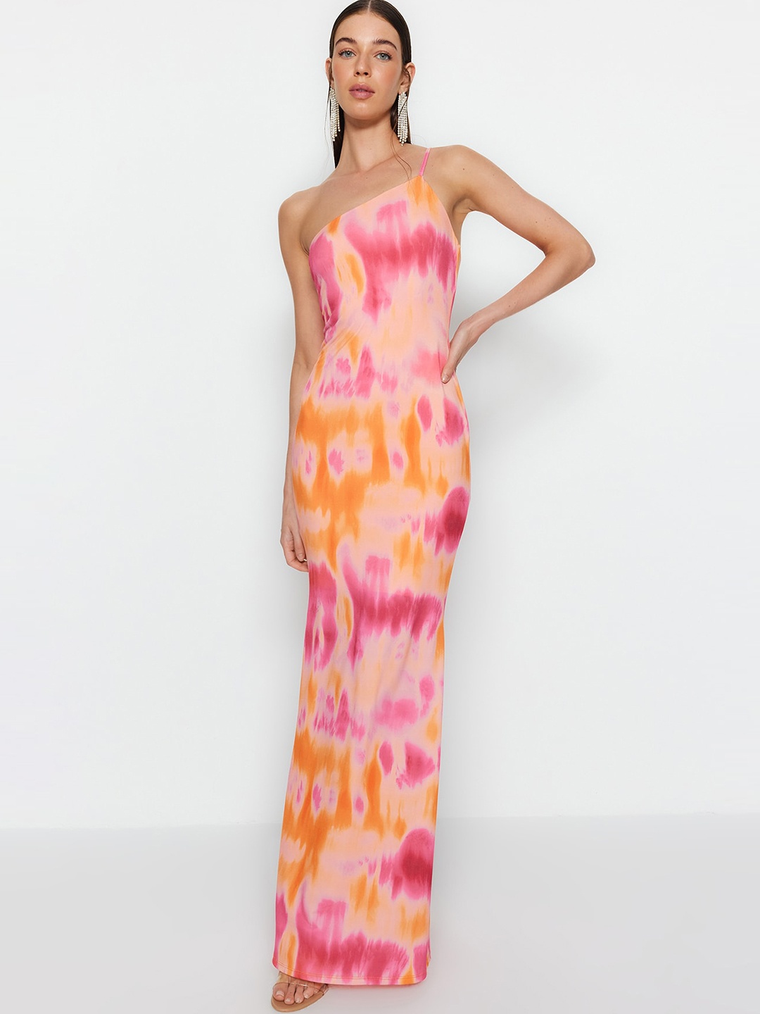 

Trendyol Shoulder Straps Sleeveless Tie and Dye Print Maxi Dress, Peach