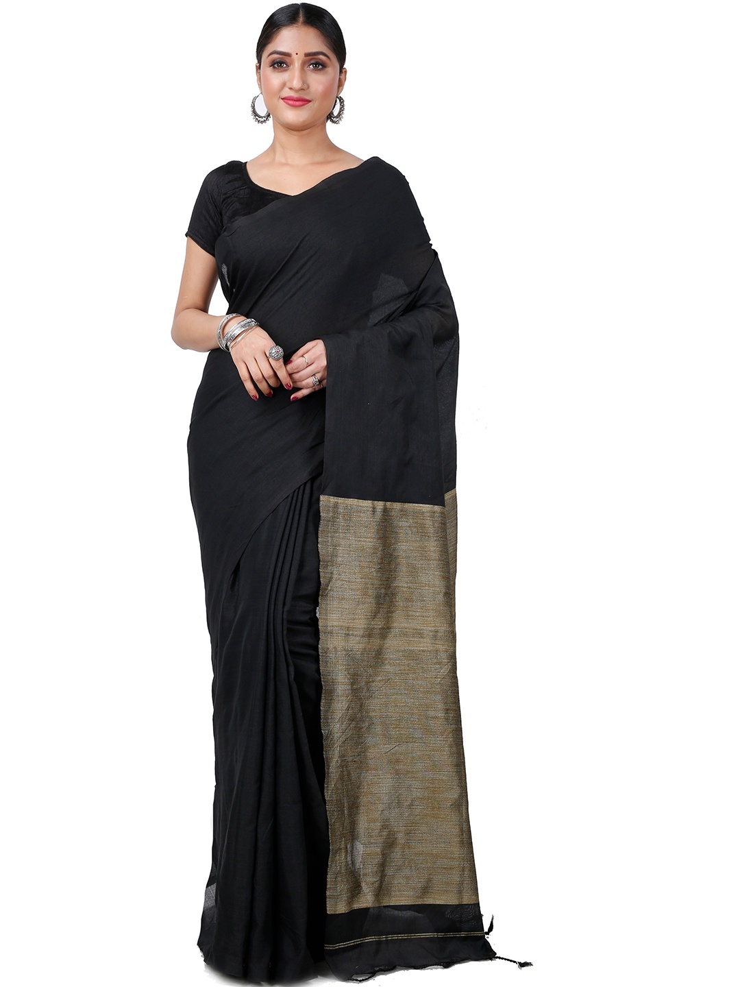 

PuJoy Woven Design Zari Taant Saree, Black