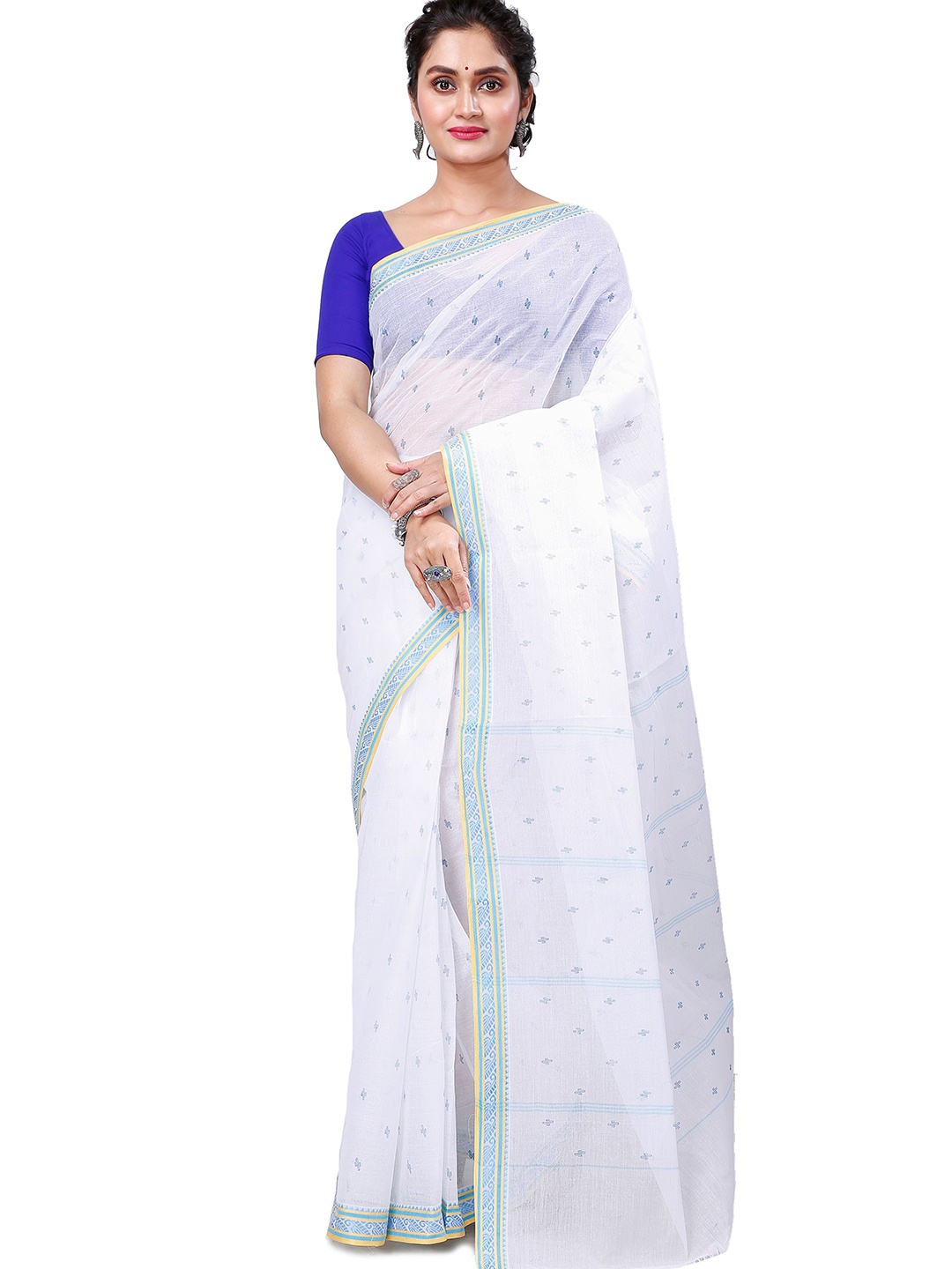 

PuJoy Ethnic Woven Design Pure Cotton Taant Saree, White
