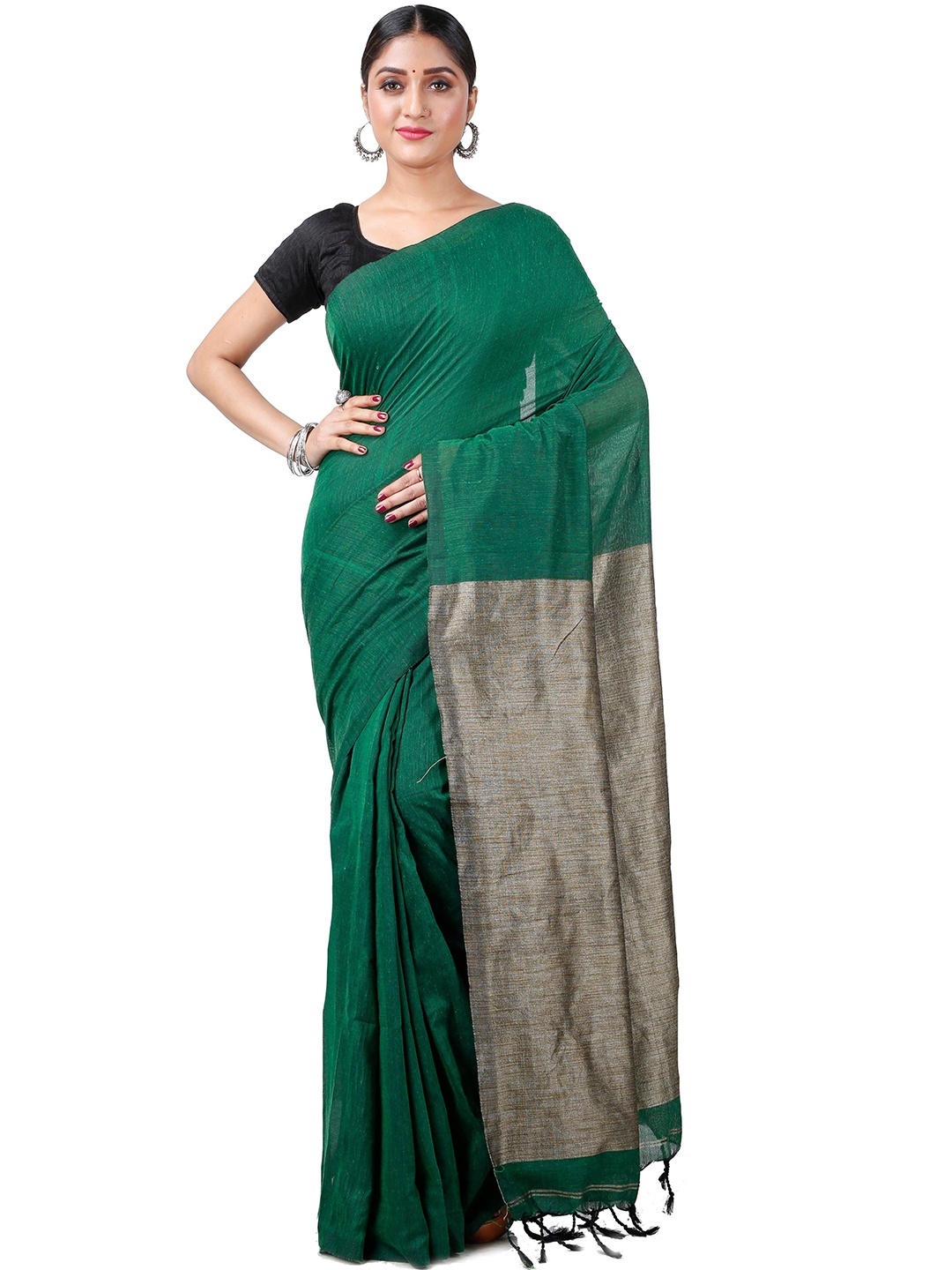 

PuJoy Woven Design Taant Saree With Tassels, Green