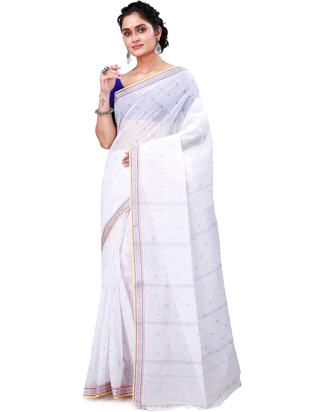 

PuJoy Ethnic Woven Design Pure Cotton Taant Saree, White