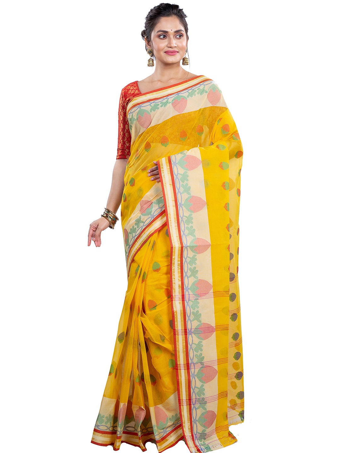 

PuJoy Woven Design Zari Pure Cotton Taant Saree, Yellow