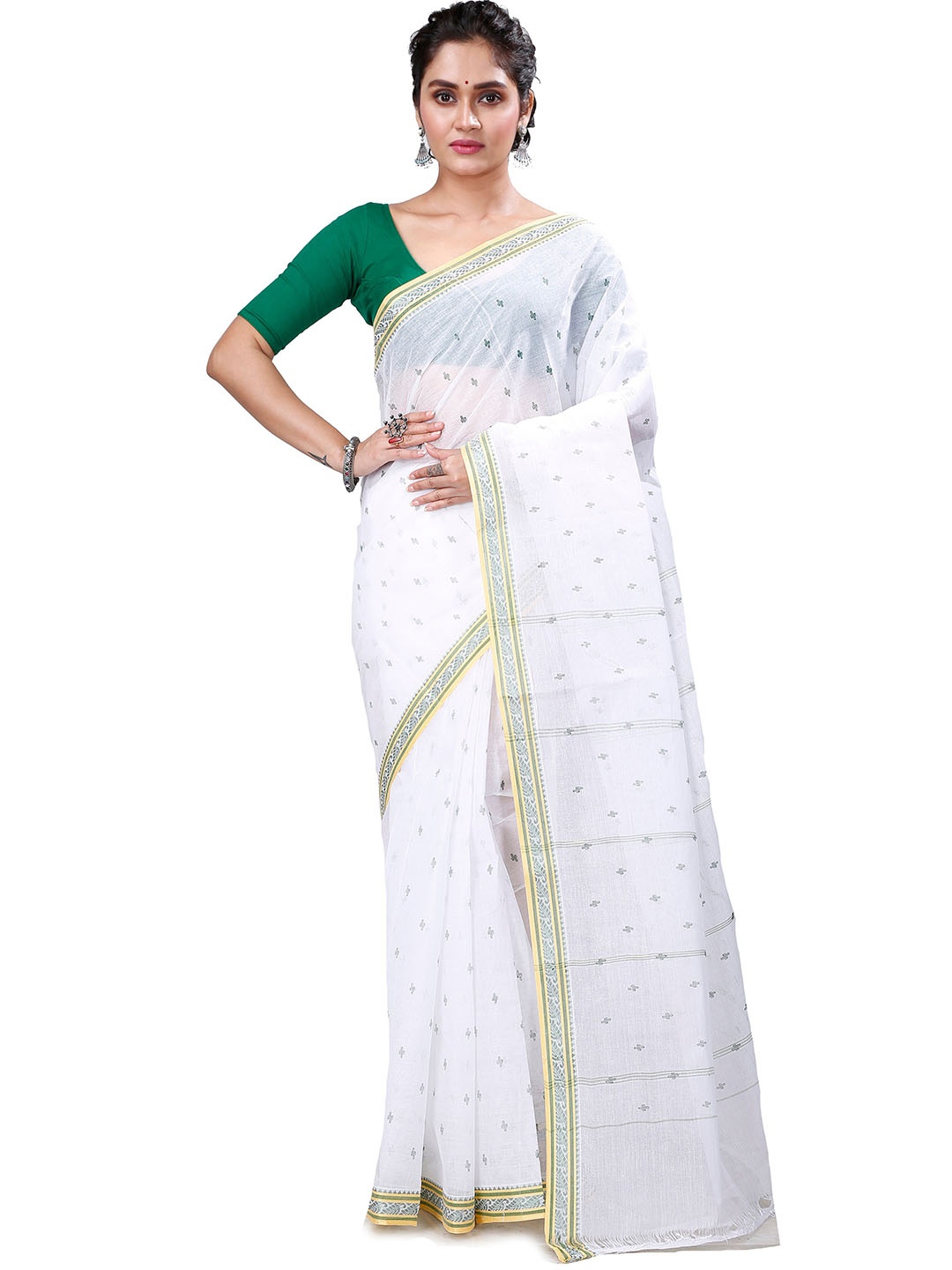 

PuJoy Ethnic Woven Design Pure Cotton Taant Saree, White