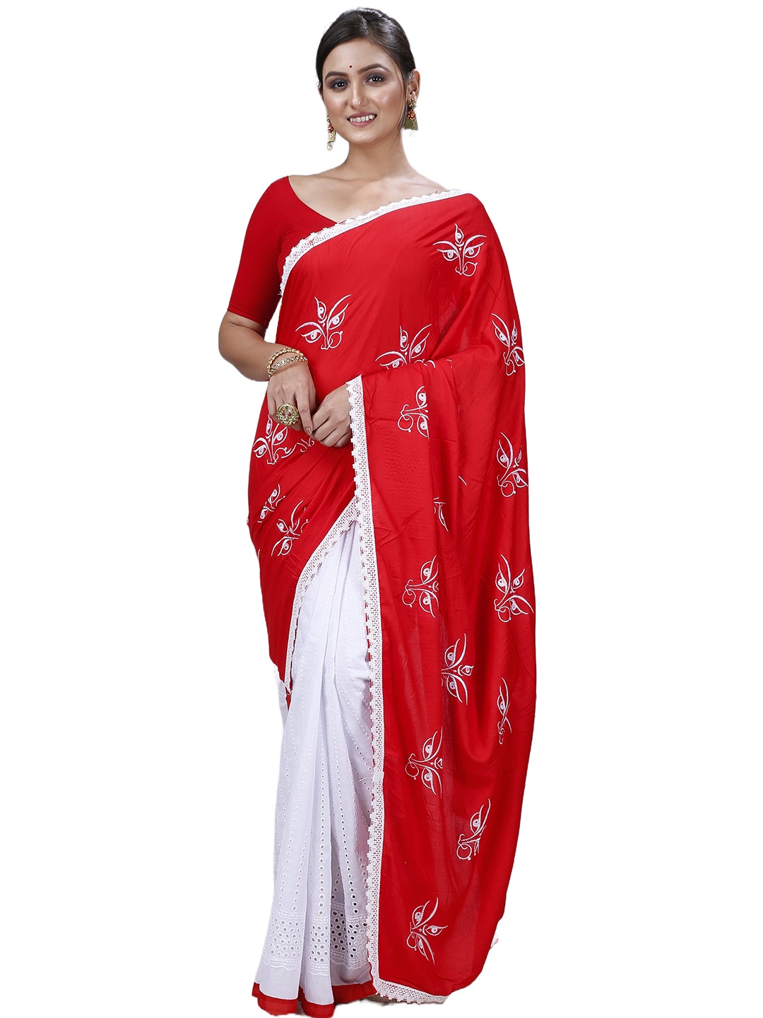 

PuJoy Ethnic Motifs Embroidered Pure Cotton Half and Half Taant Saree, Red