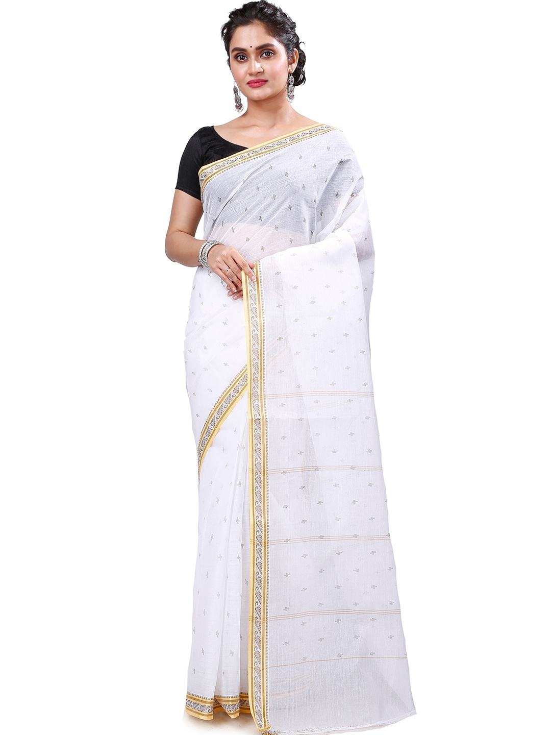 

PuJoy Ethnic Printed Pure Cotton Taant Saree, White