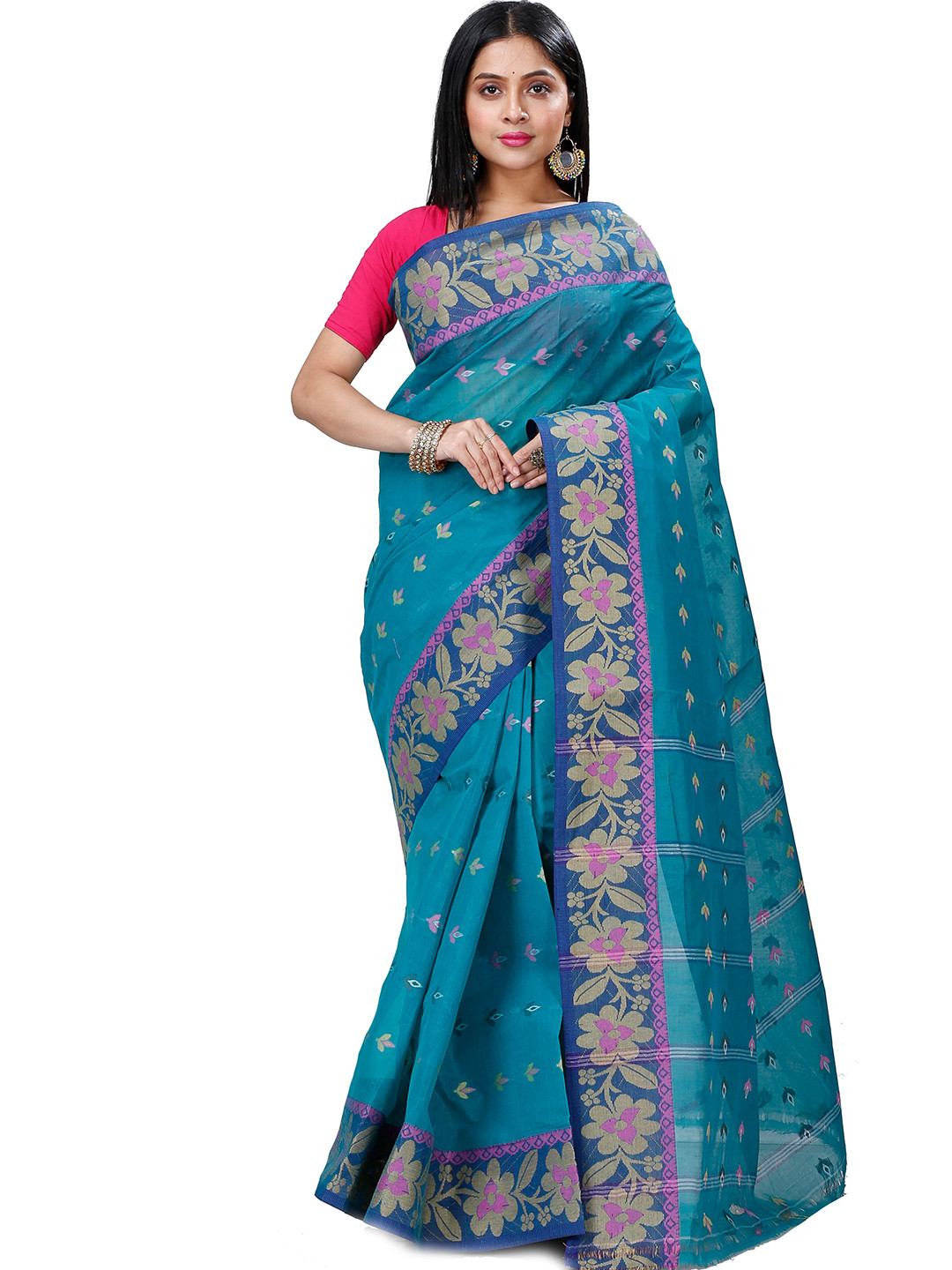 

PuJoy Woven Design Pure Cotton Taant Saree, Green