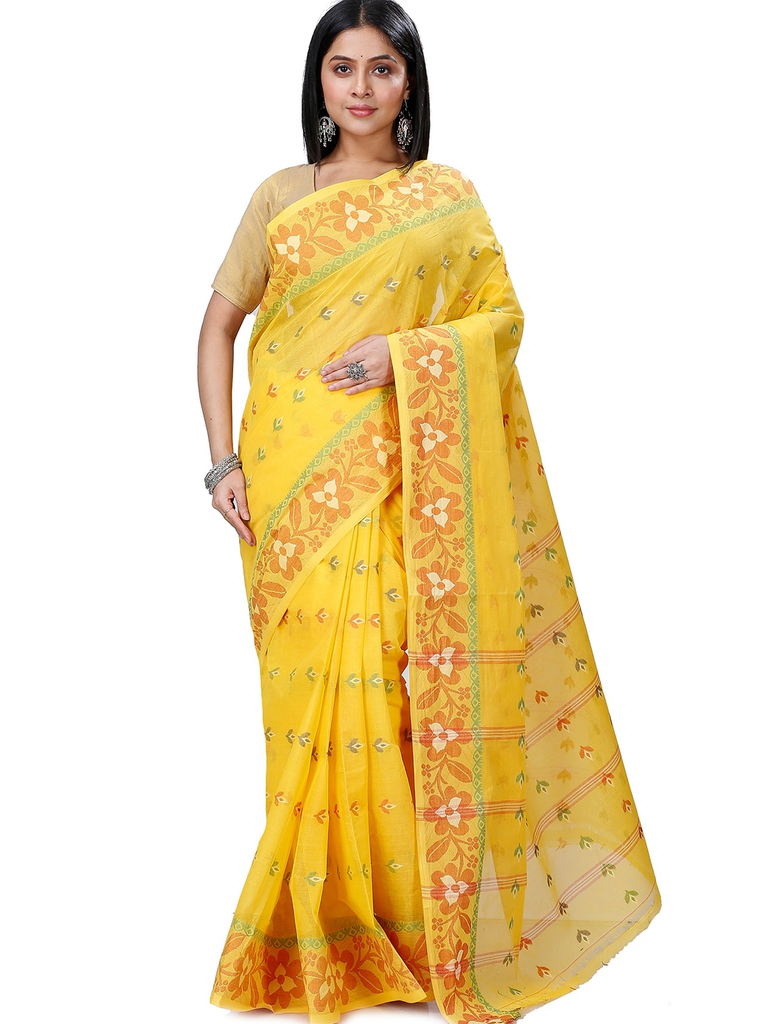 

PuJoy Woven Design Pure Cotton Taant Saree, Yellow