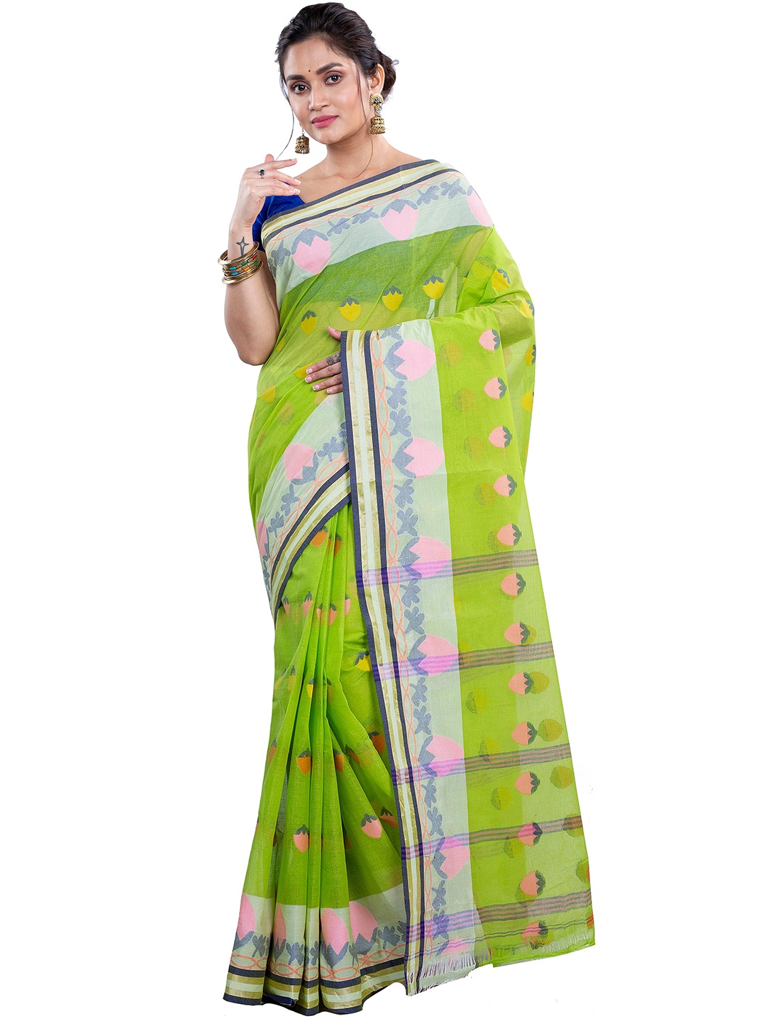 

PuJoy Woven Design Pure Cotton Taant Saree, Green