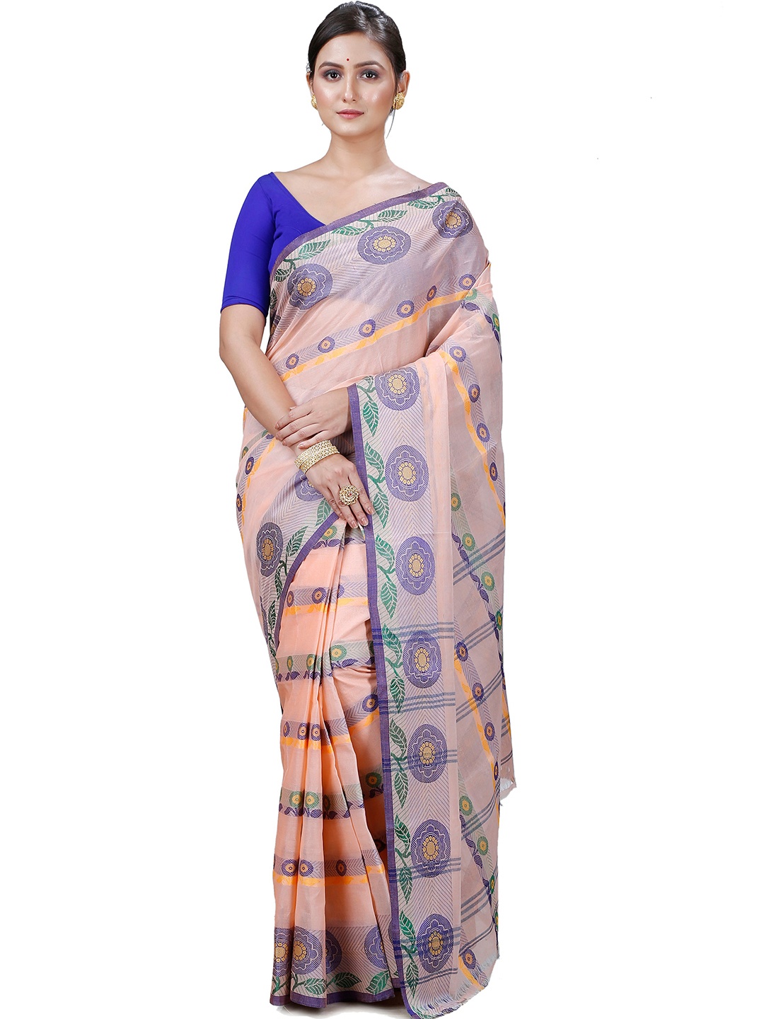 

PuJoy Ethnic Woven Design Pure Cotton Taant Saree, Cream