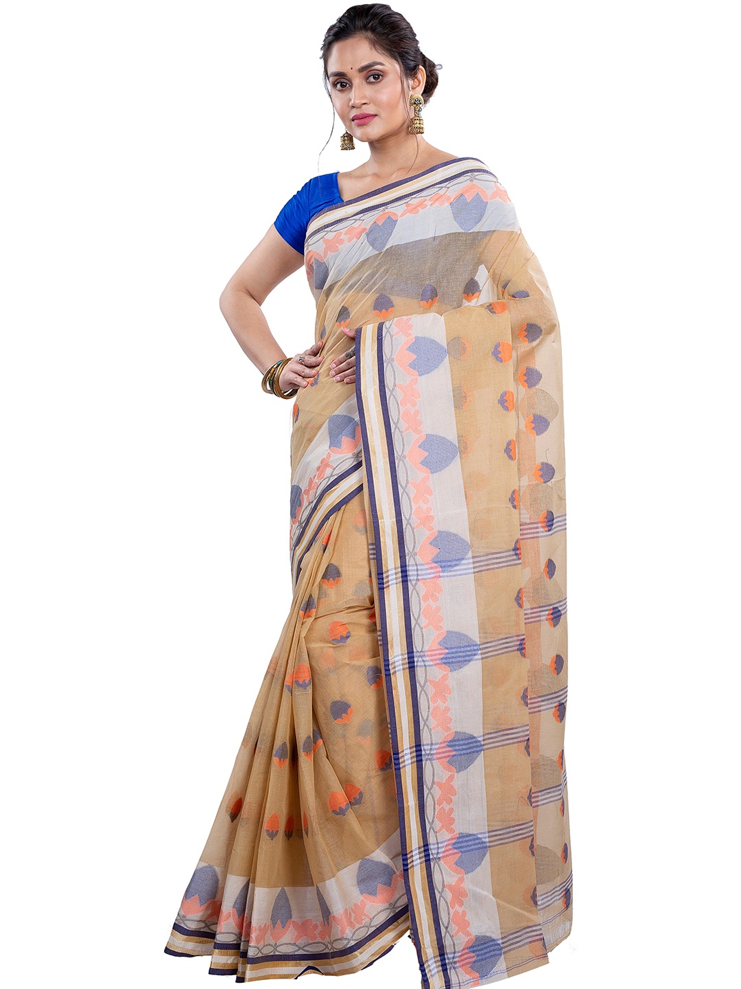 

PuJoy Ethnic Motifs Woven Design Pure Cotton Taant Saree, White