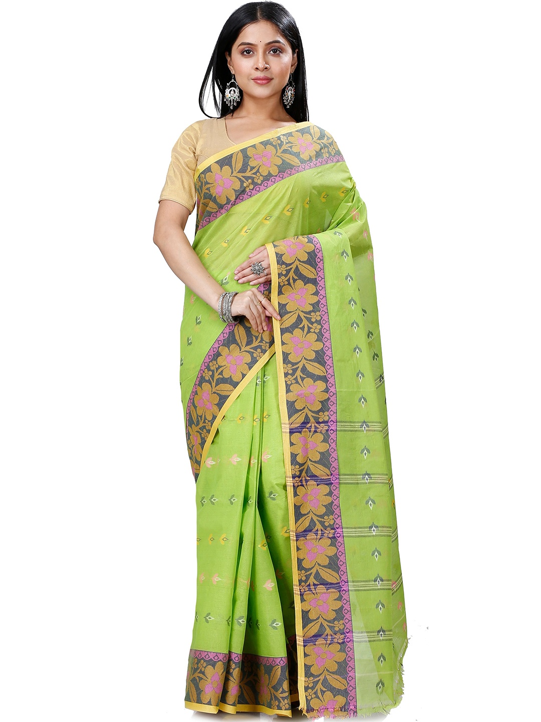 

PuJoy Ethnic Woven Design Zari Pure Cotton Taant Saree, Green