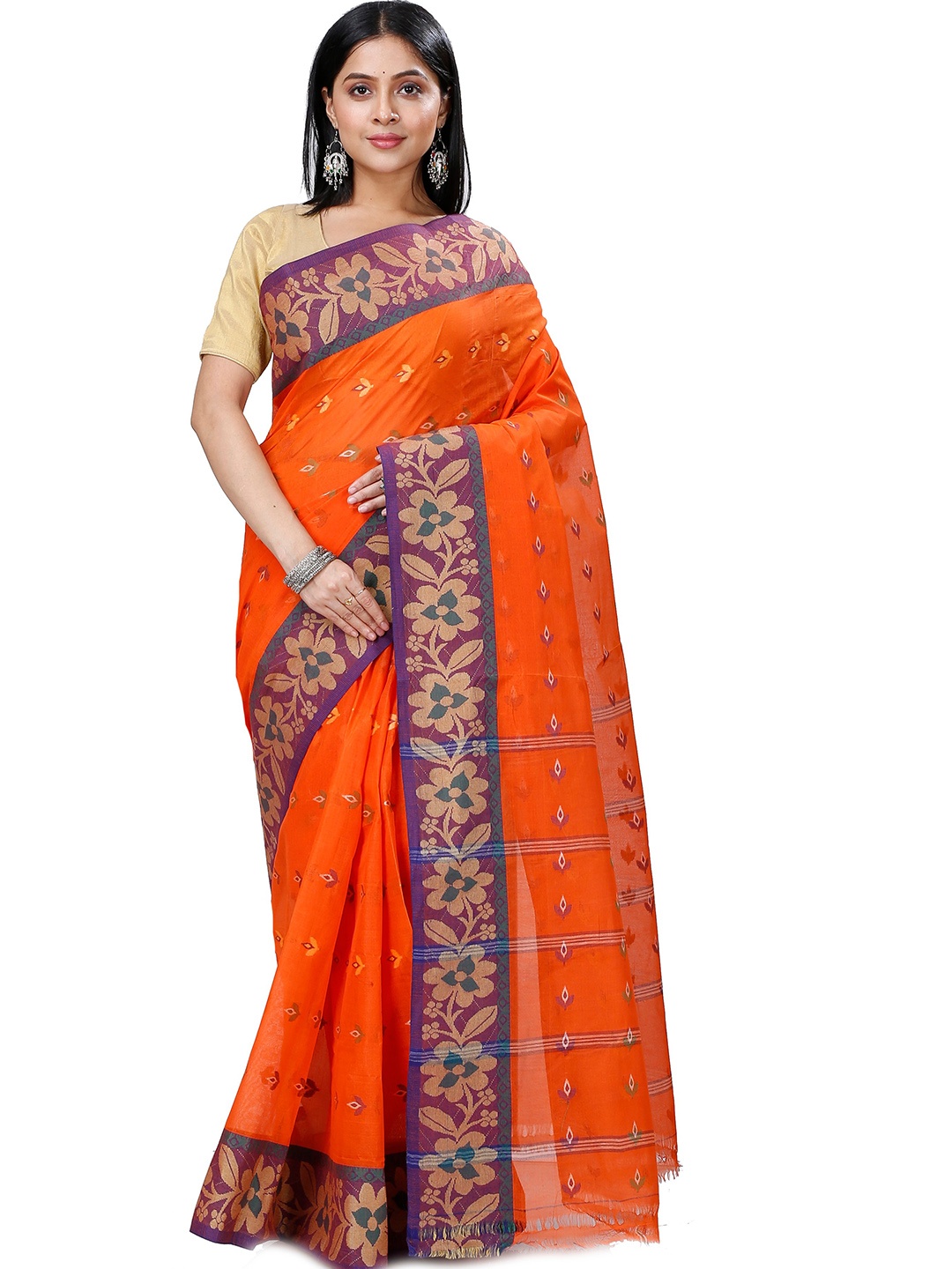 

PuJoy Ethnic Woven Design Pure Cotton Taant Saree, Orange