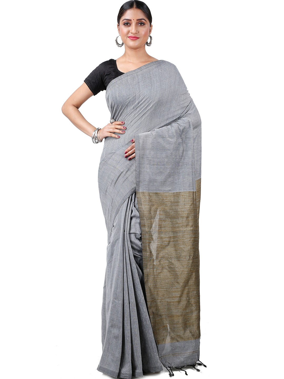 

PuJoy Ethnic Woven Design Taant Saree, Grey