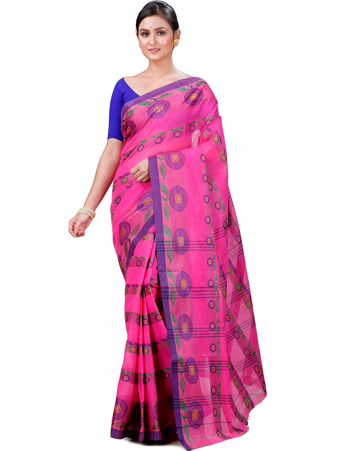 

PuJoy Ethnic Woven Design Pure Cotton Taant Saree, Pink