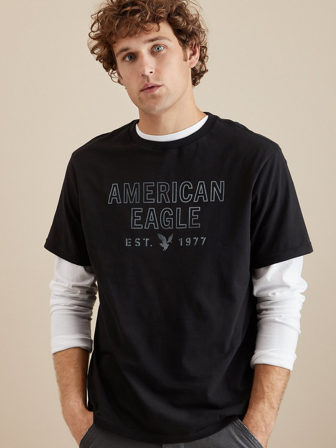 

AMERICAN EAGLE OUTFITTERS Cotton Round Neck Embroidered T-shirt, Black