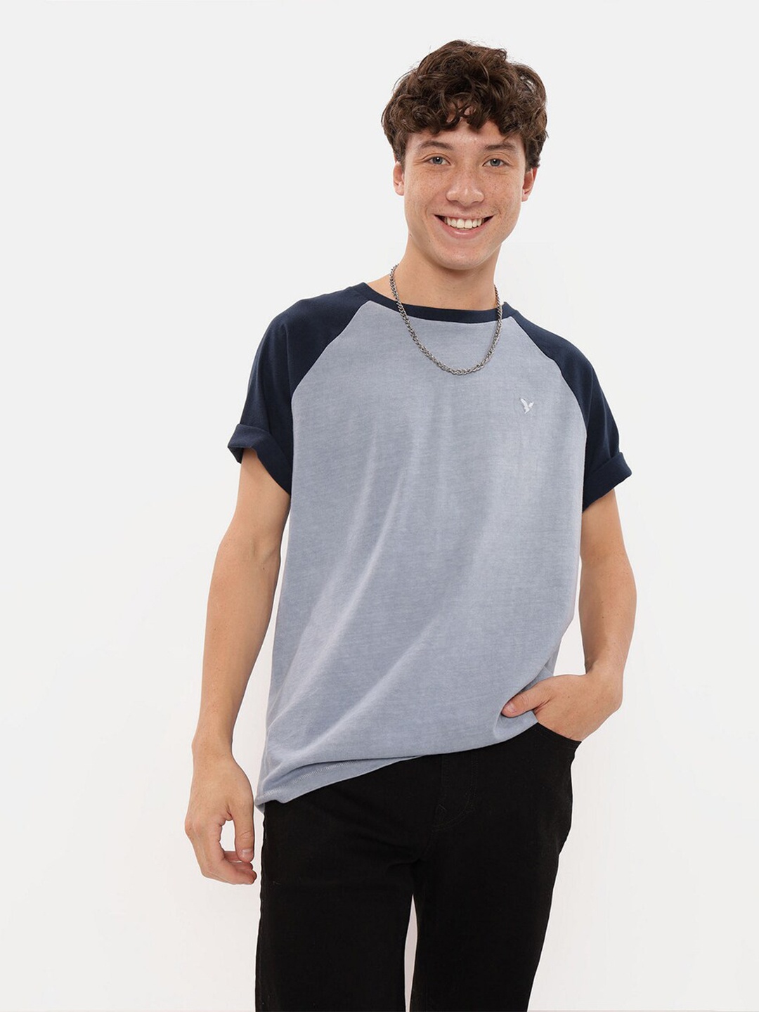 

AMERICAN EAGLE OUTFITTERS Colourblocked Extended Sleeves Cotton Regular Fit T-shirt, Grey