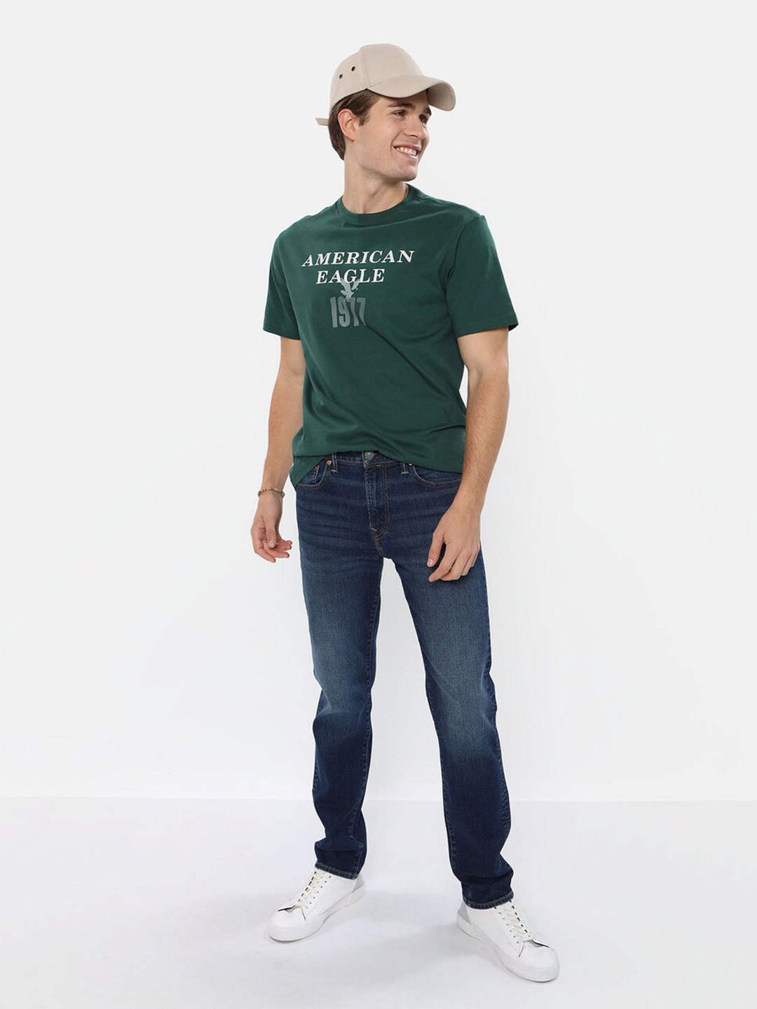 AMERICAN EAGLE OUTFITTERS Typography Printed Cotton Round Neck Applique T-shirt, Green