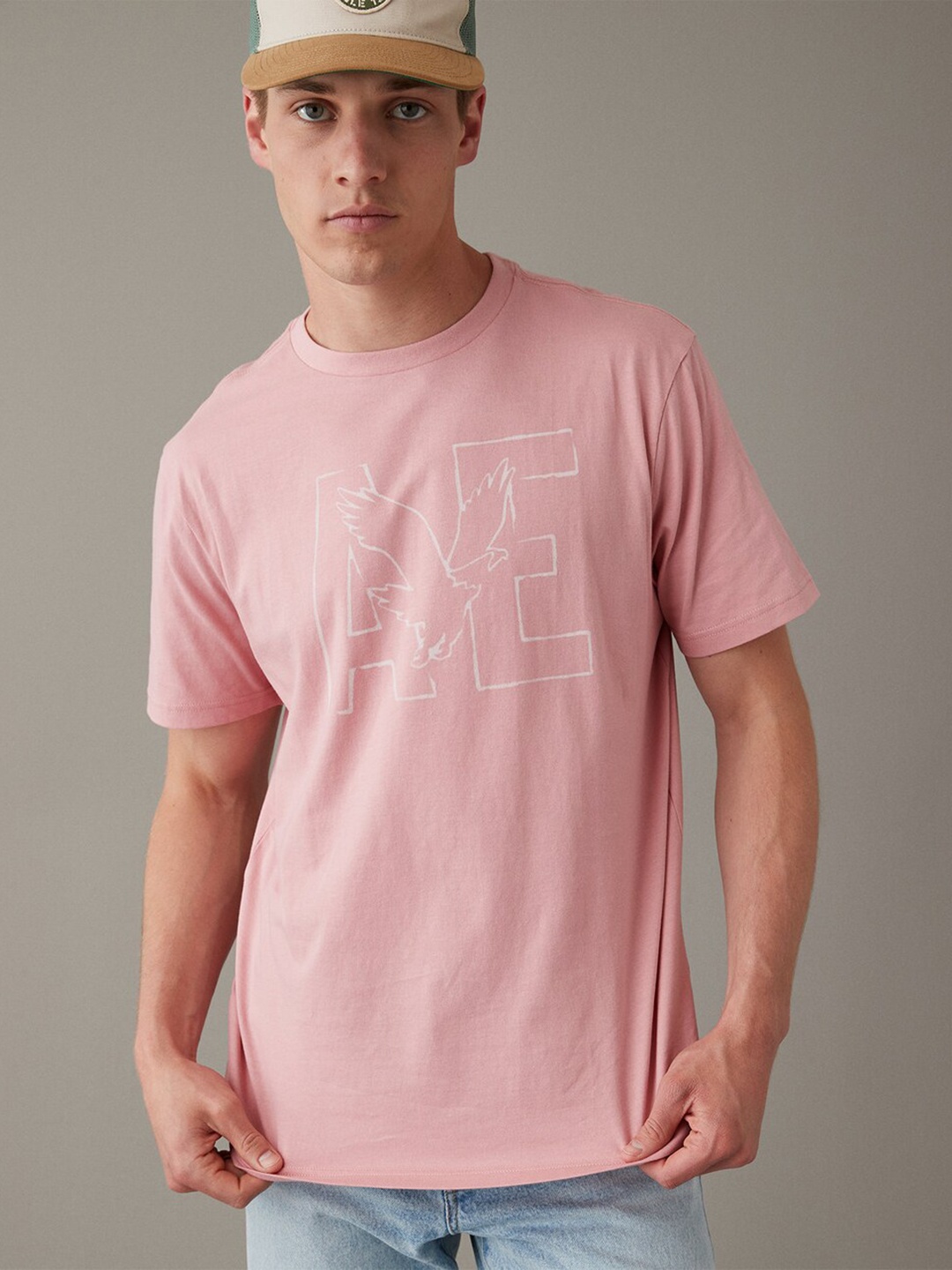 

AMERICAN EAGLE OUTFITTERS Graphic Printed Cotton Round Neck Applique T-shirt, Pink