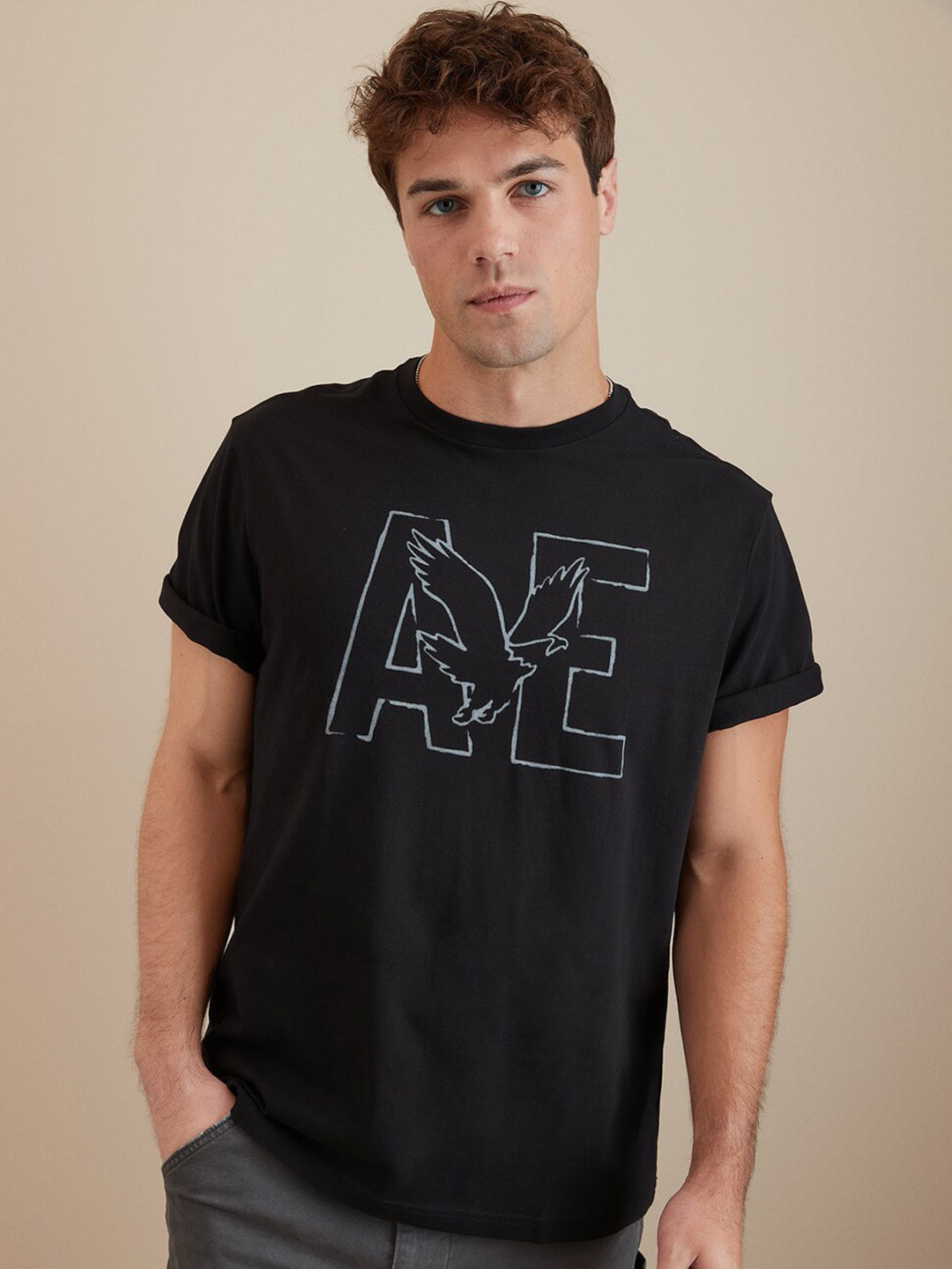 

AMERICAN EAGLE OUTFITTERS Typography Round Neck Half Sleeves Applique Cotton T-shirt, Black
