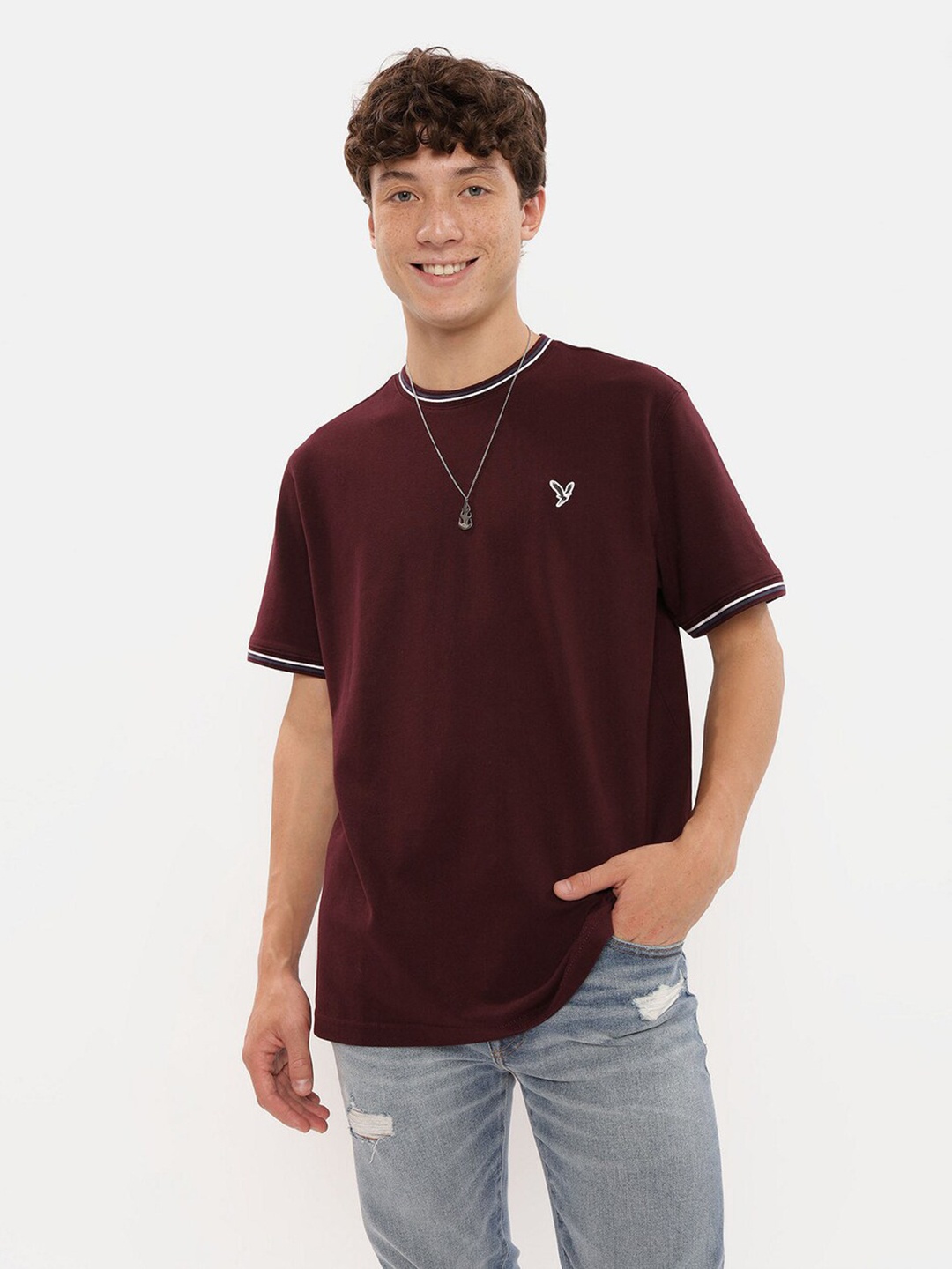 

AMERICAN EAGLE OUTFITTERS Round Neck Half Sleeves Cotton Regular Fit Casual T-shirt, Maroon