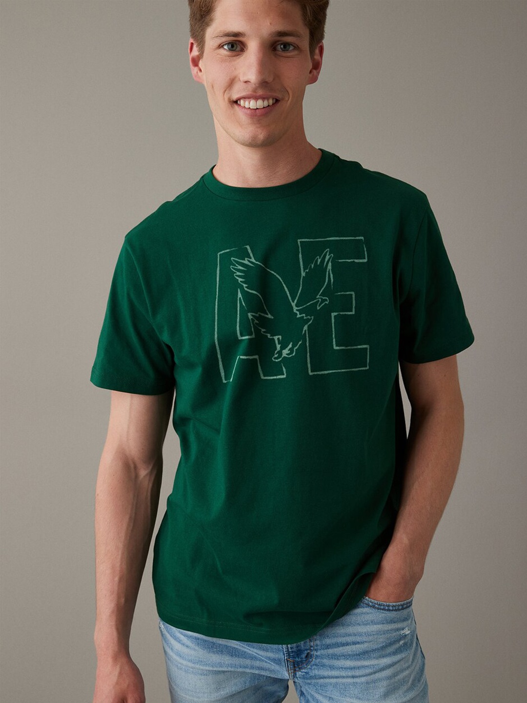 

AMERICAN EAGLE OUTFITTERS Graphic Printed Cotton Round Neck Applique T-shirt, Green