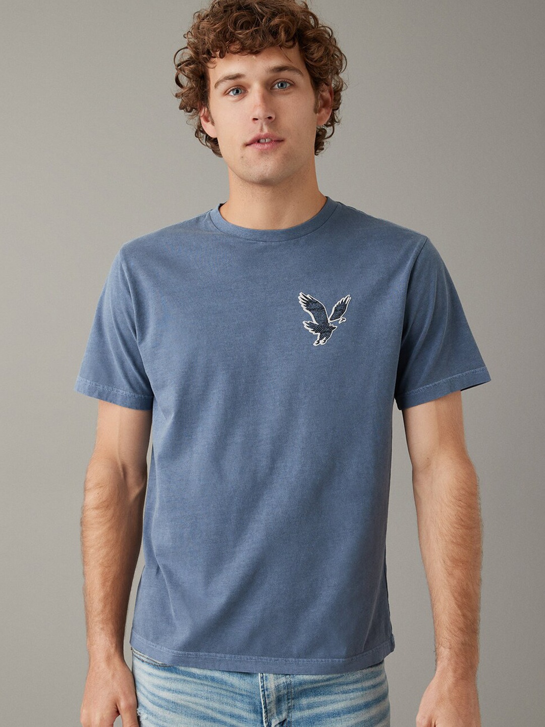 

AMERICAN EAGLE OUTFITTERS Graphic Applique Round Neck Short Sleeves Cotton Casual T-shirt, Blue