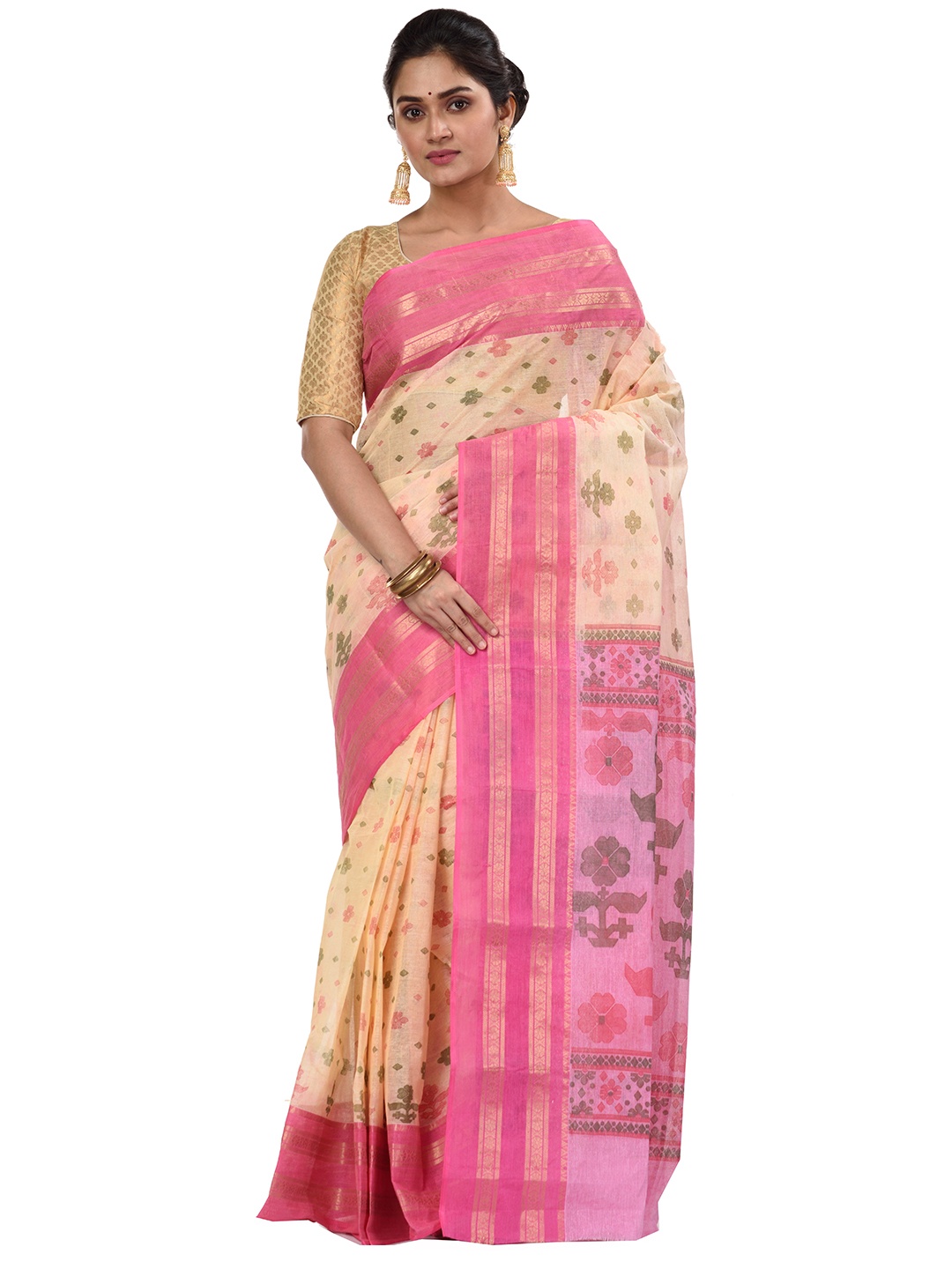 

PuJoy Floral Printed Pure Cotton Taant Saree, Pink