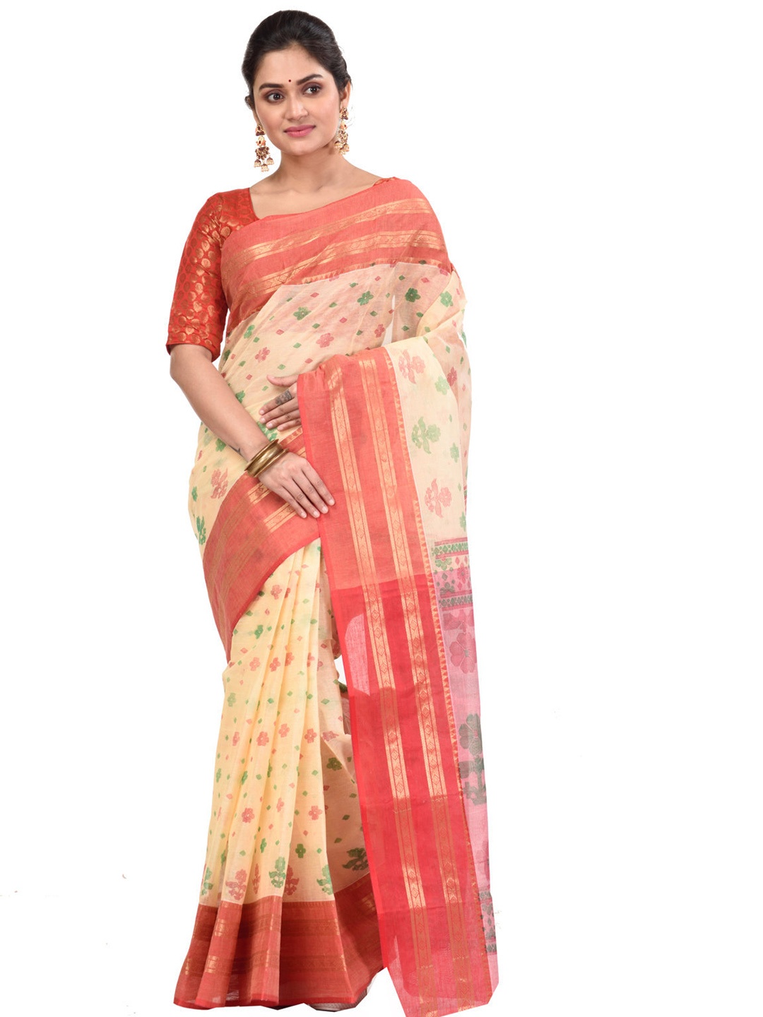 

PuJoy Ethnic Woven Design Zari Pure Cotton Taant Saree, Red