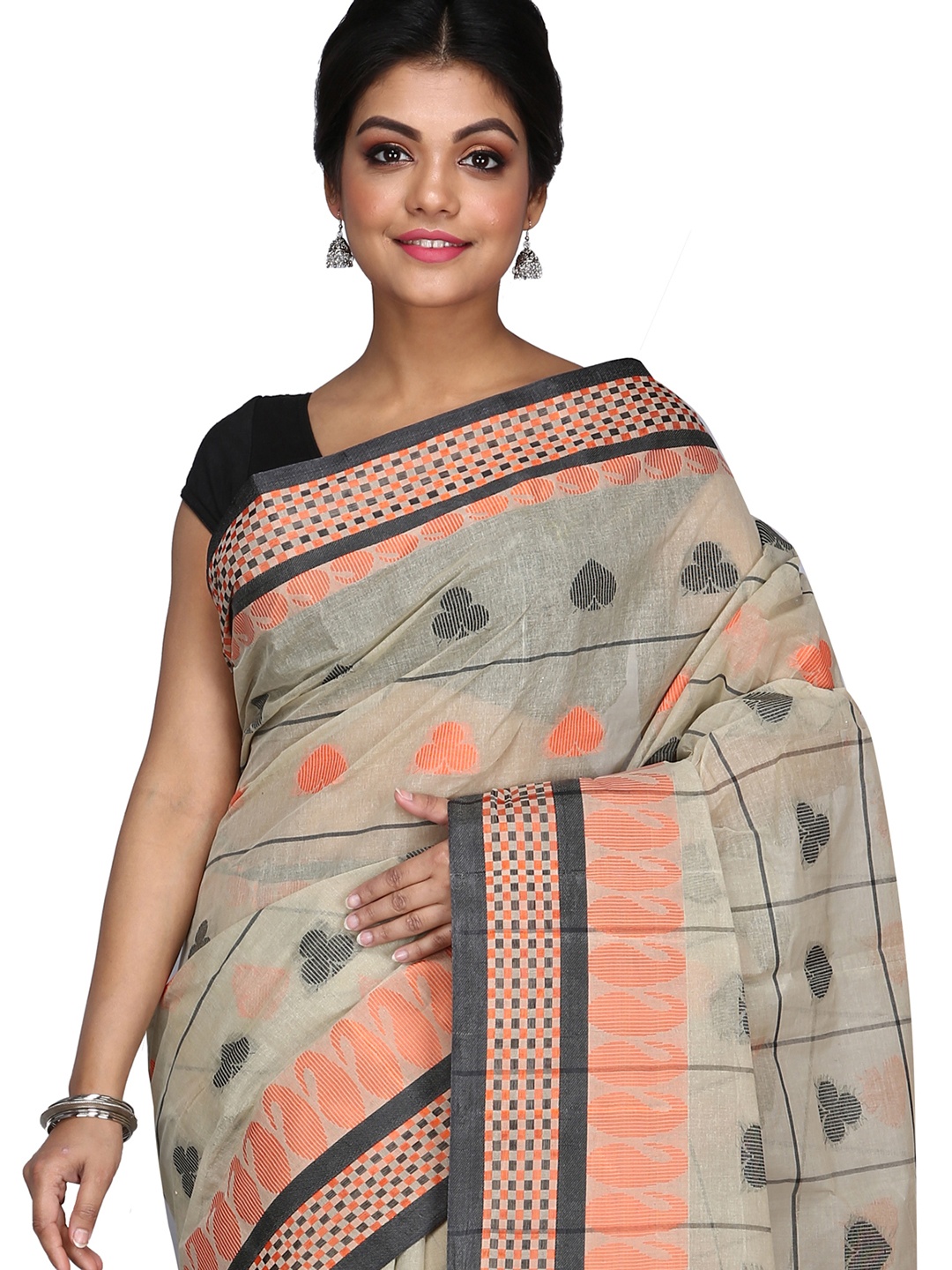 

PuJoy Ethnic Woven Design Pure Cotton Taant Saree, Off white