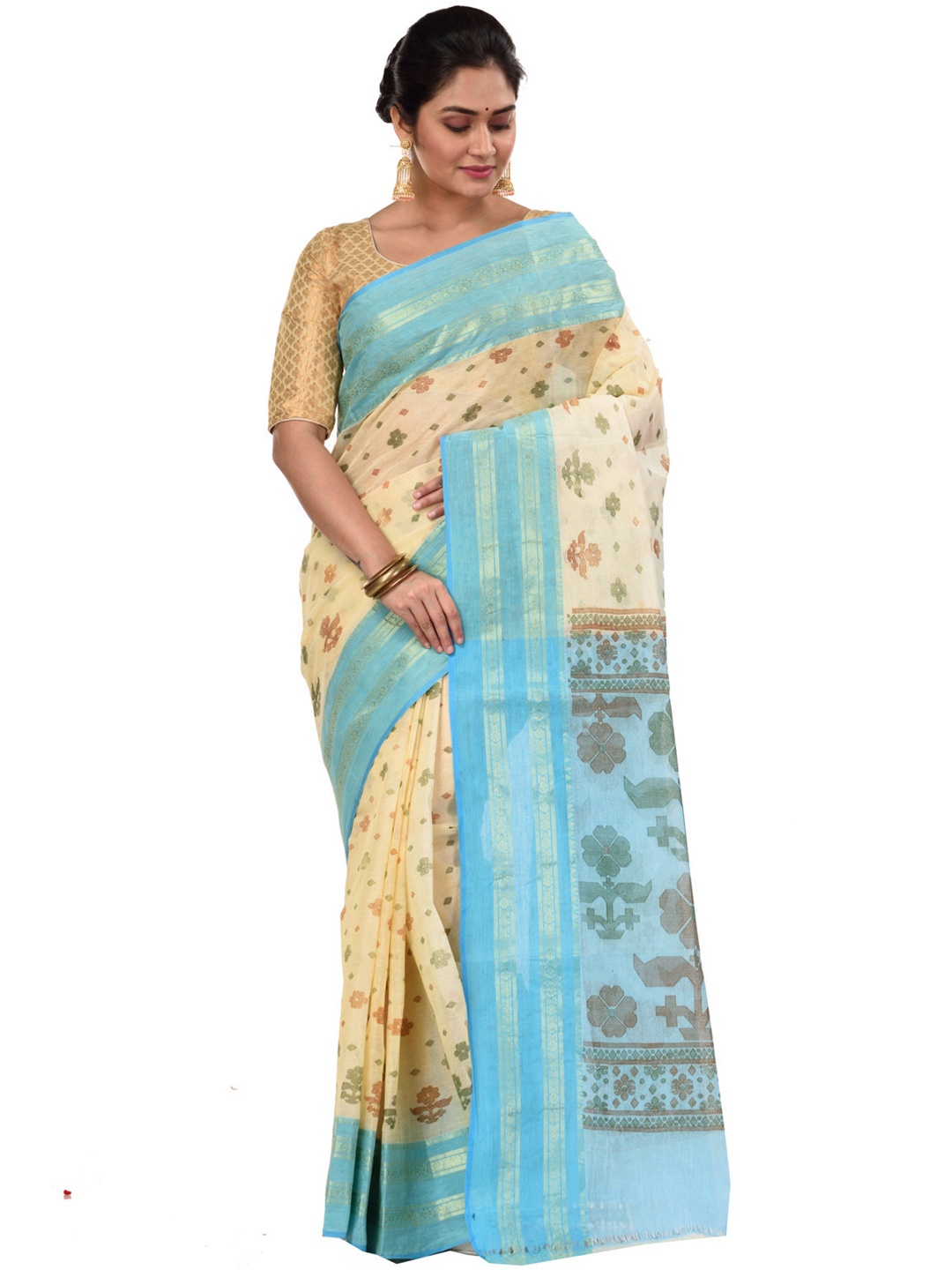 

PuJoy Ethnic Woven Design Zari Pure Cotton Taant Saree, Blue