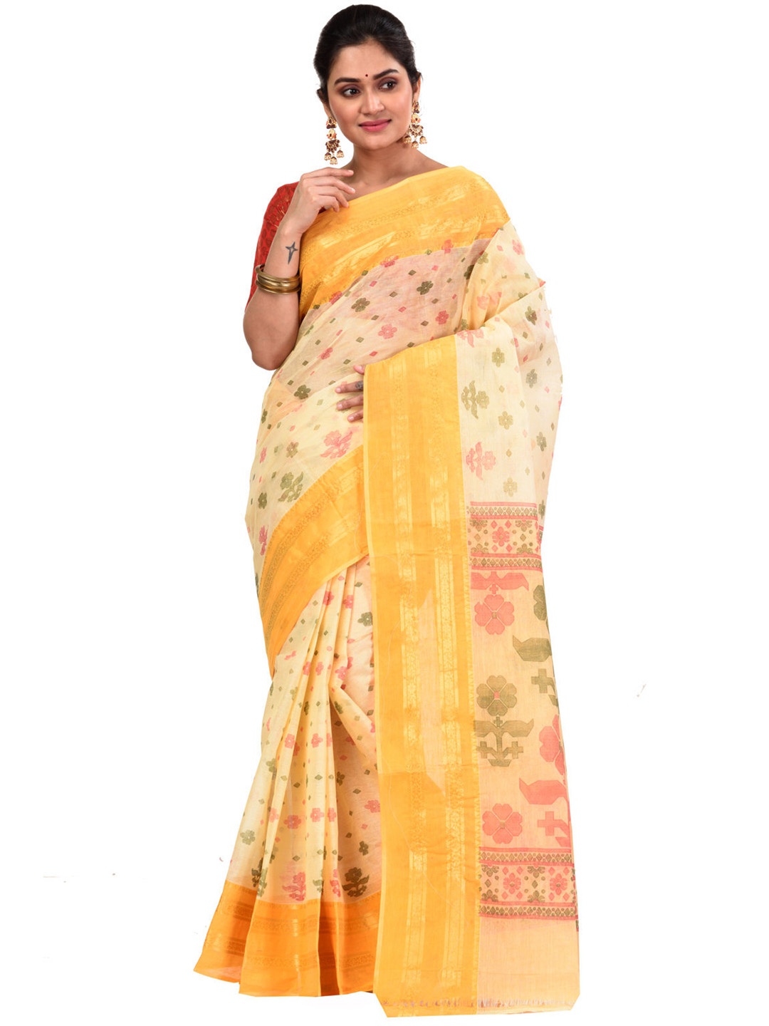 

PuJoy Floral Printed Zari Pure Cotton Taant Saree, Yellow