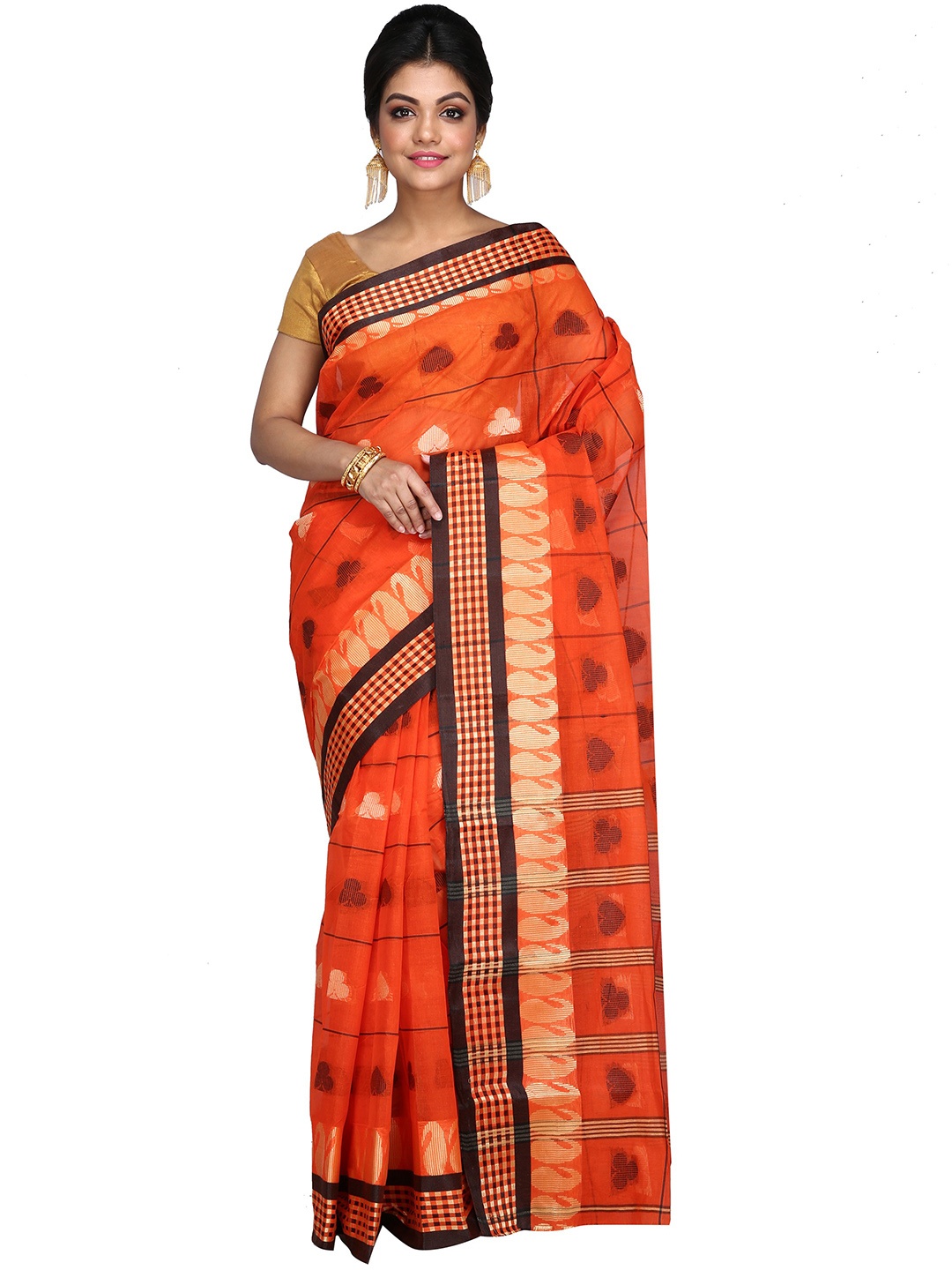 

PuJoy Ethnic Woven Design Pure Cotton Taant Saree, Orange