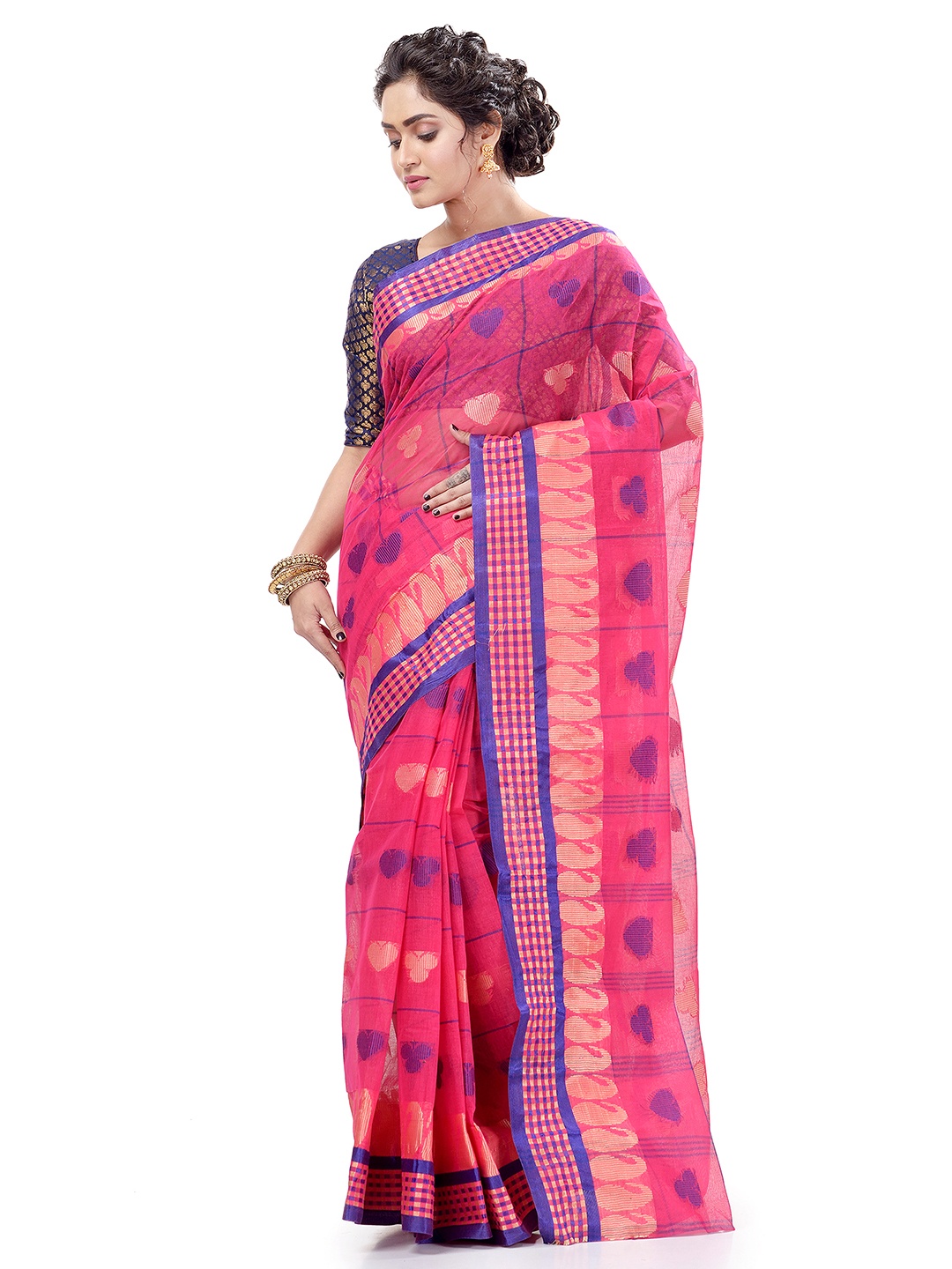 

PuJoy Paisley Woven Design Pure Cotton Taant Saree, Pink