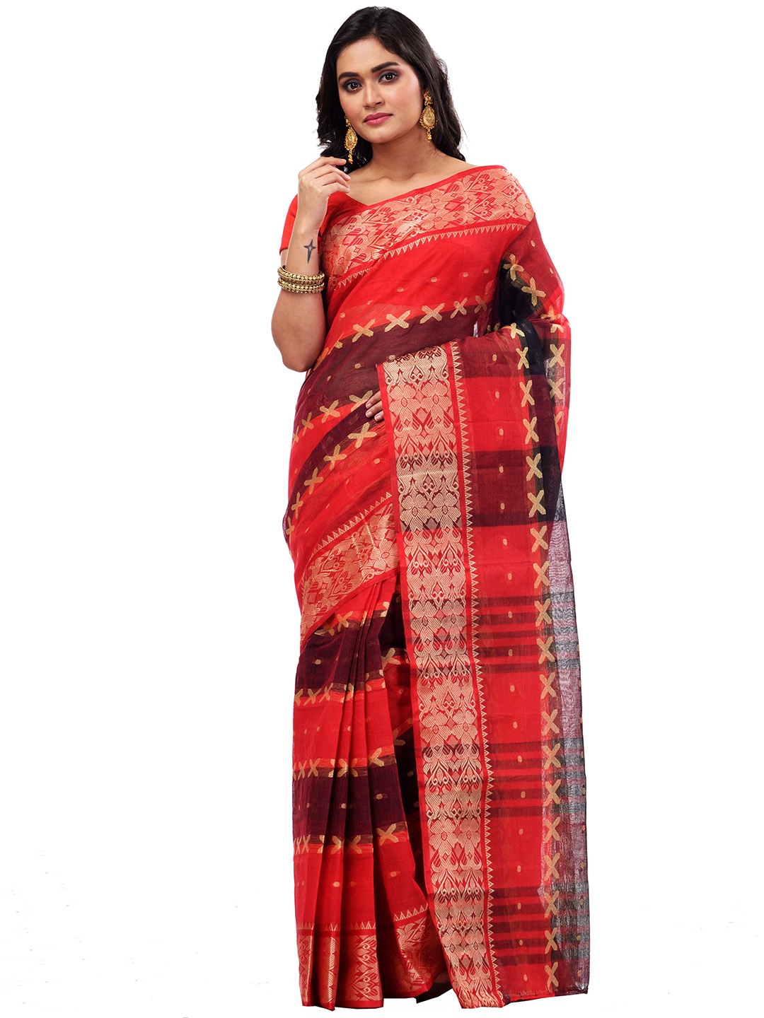 

PuJoy Geometric Woven Design Zari Pure Cotton Taant Saree, Red