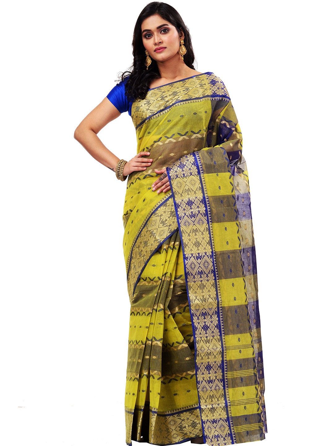 

PuJoy Geometric Woven Design Pure Cotton Taant Saree, Green