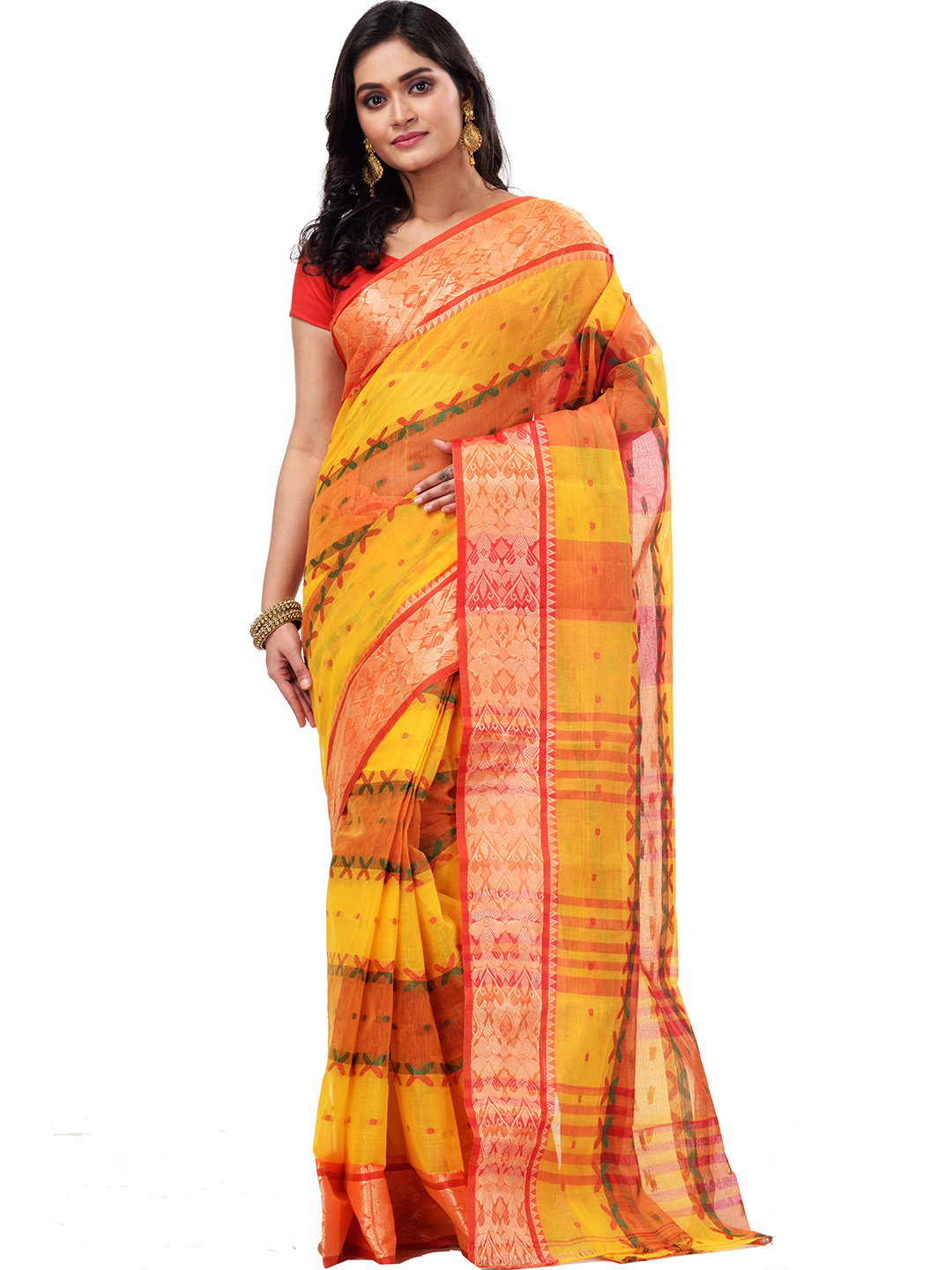 

PuJoy Geometric Woven Design Zari Pure Cotton Taant Saree, Yellow