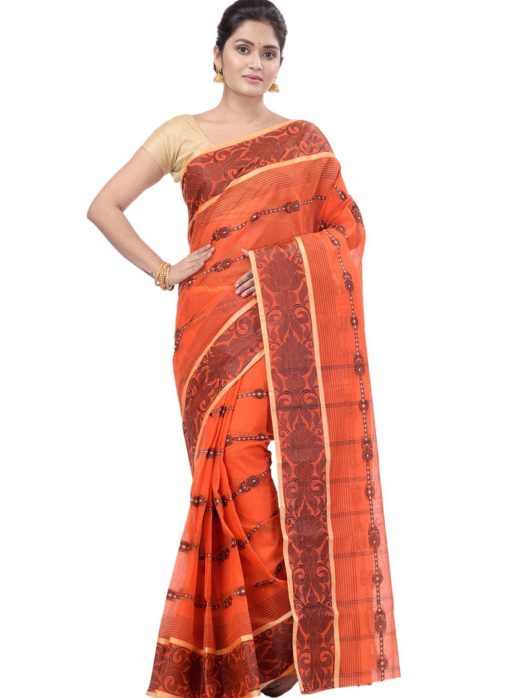 

PuJoy Floral Printed Woven Design Pure Cotton Taant Saree, Orange