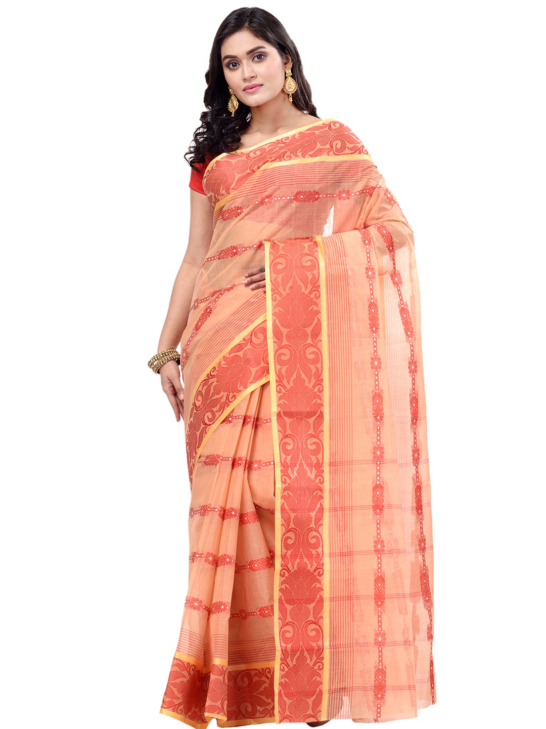 

PuJoy Floral Printed Woven Design Pure Cotton Taant Saree, Red