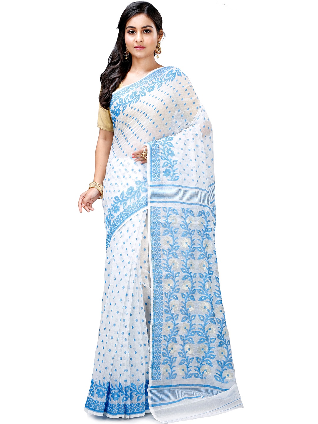 

PuJoy Floral Printed Zari Jamdani Saree, Blue