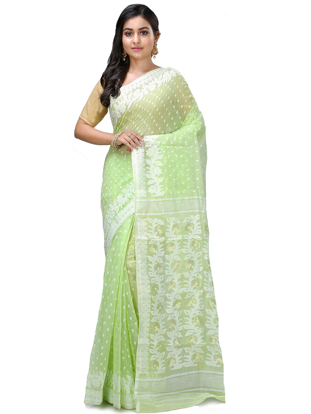 

PuJoy Polka Dot Woven Design Jamdani Saree, Green