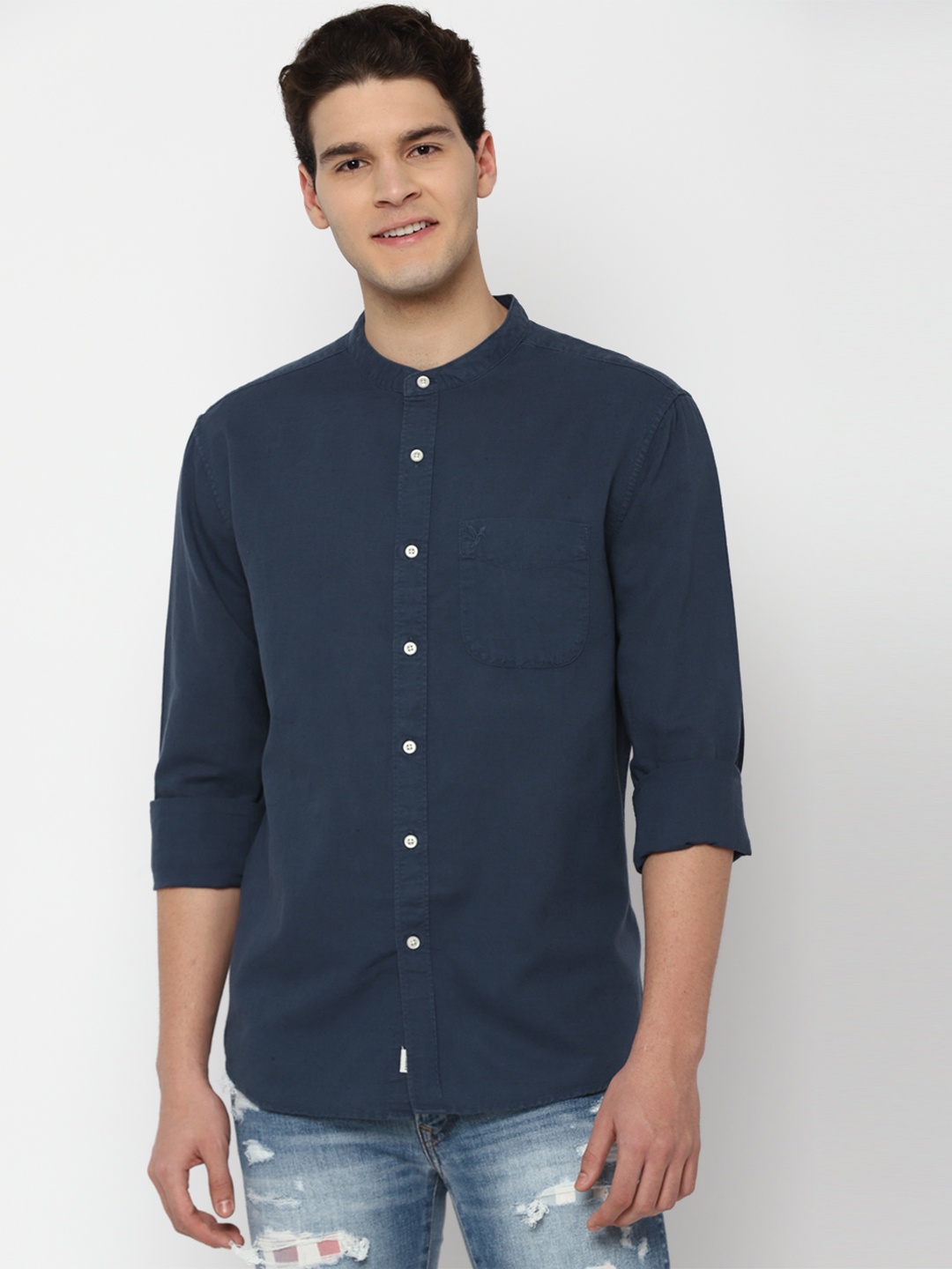 

AMERICAN EAGLE OUTFITTERS Band Collar Linen Button-Up Shirt, Navy blue