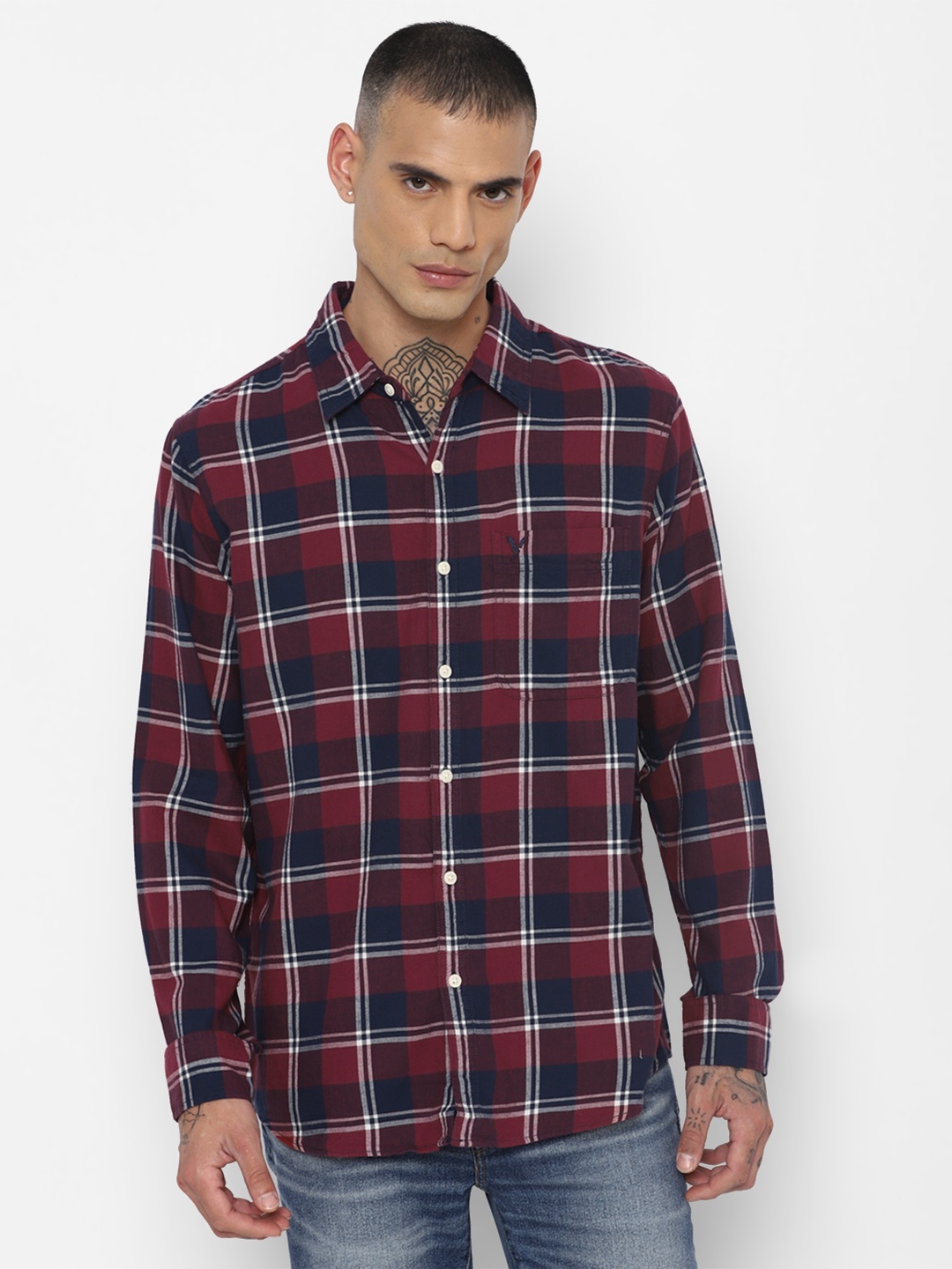 

AMERICAN EAGLE OUTFITTERS Tartan Checks Spread Collar Chest Pocket Long Sleeves Shirt, Burgundy