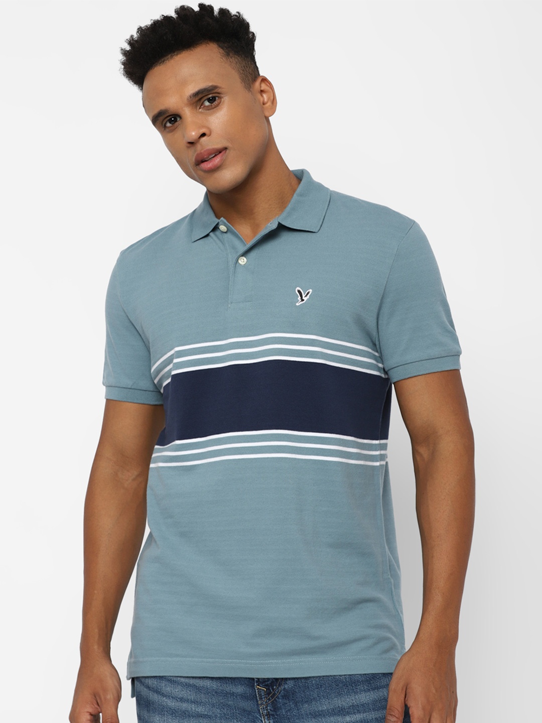 

AMERICAN EAGLE OUTFITTERS Men Striped Polo Collar Applique T-shirt, Grey