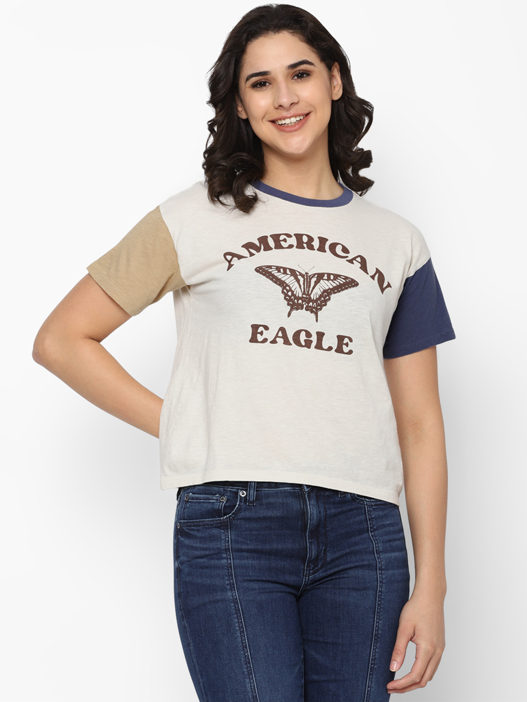 

AMERICAN EAGLE OUTFITTERS Typography Printed Round Neck Applique T-shirt, Cream