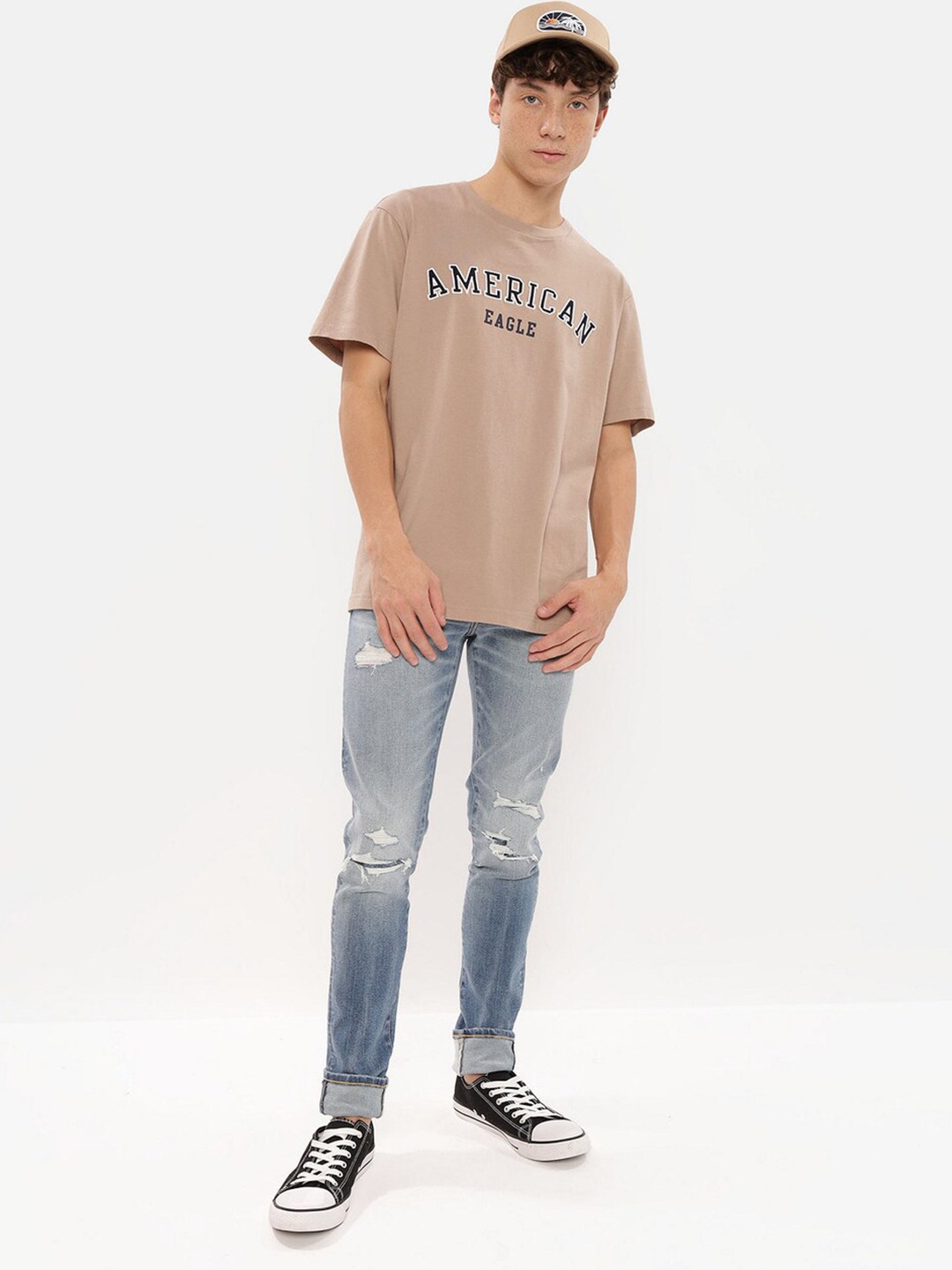 

AMERICAN EAGLE OUTFITTERS Typography Printed Round Neck Extended Sleeves T shirt, Khaki