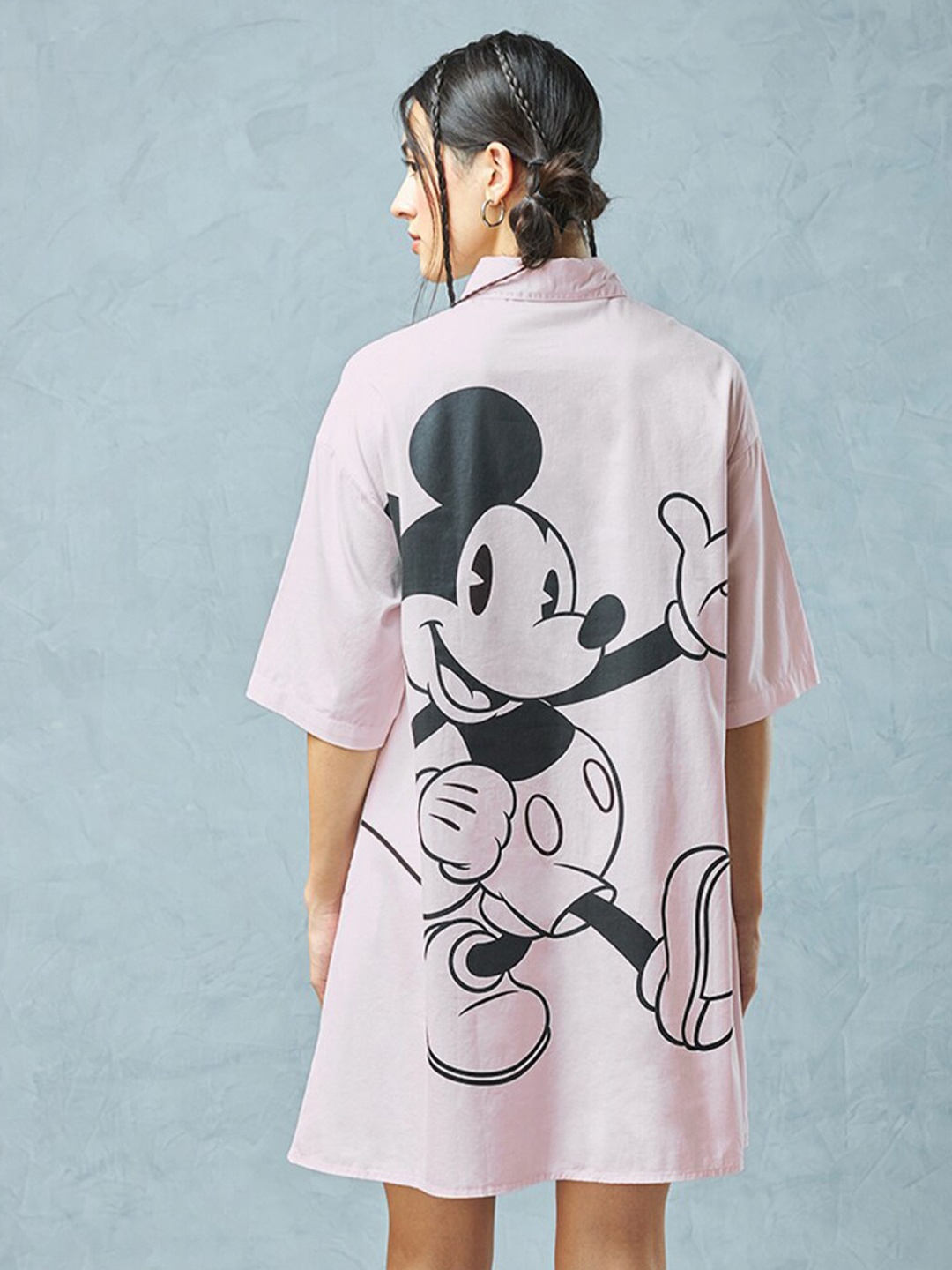 

Bewakoof Plus Mickey Mouse Printed Drop Shoulder Sleeves Oversized Shirt Dress, Purple